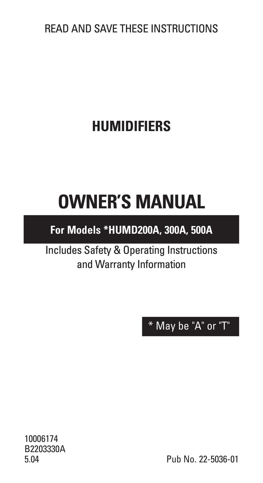 American Standard 200A Humidifier User Manual