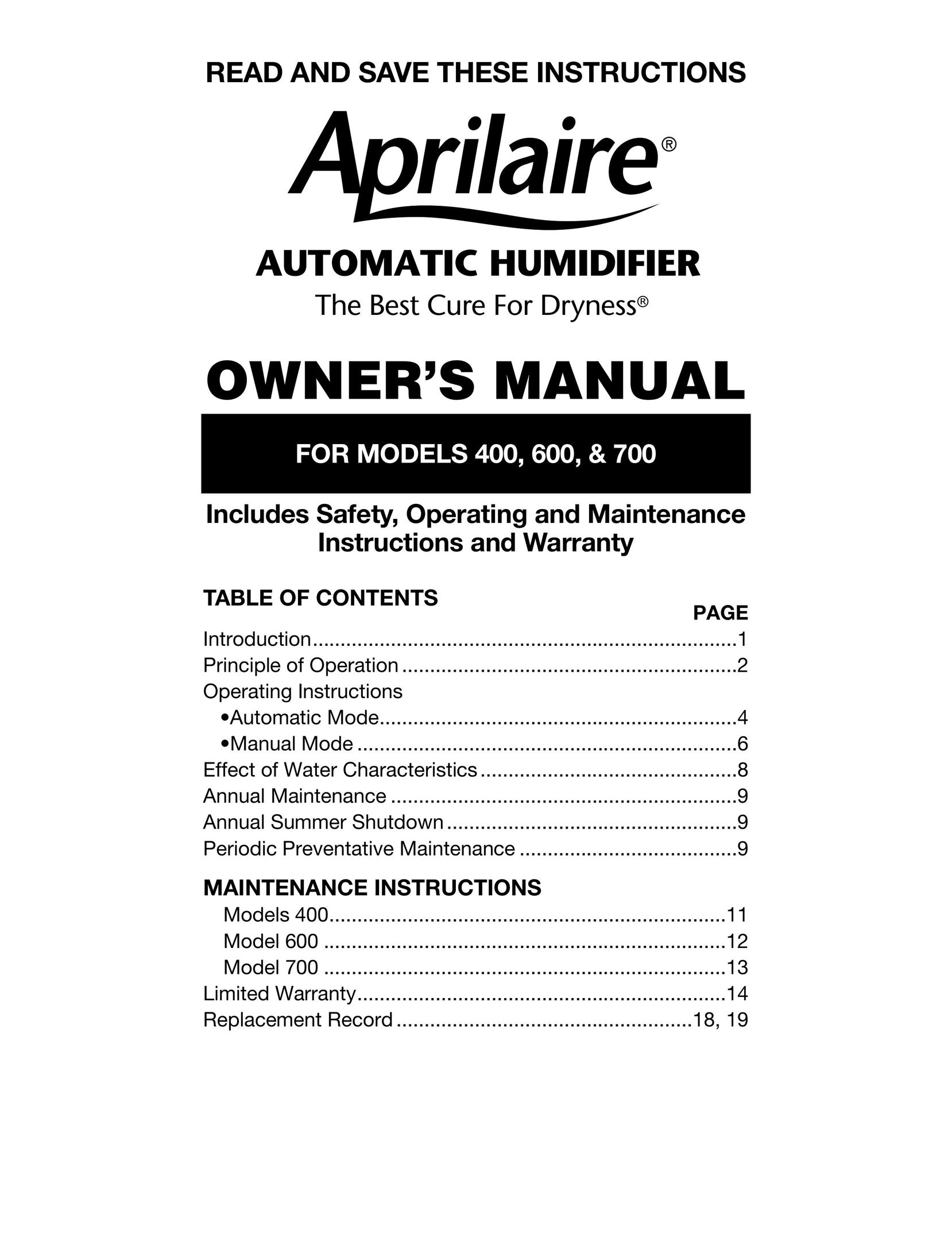Aprilaire 600 &700 Humidifier User Manual