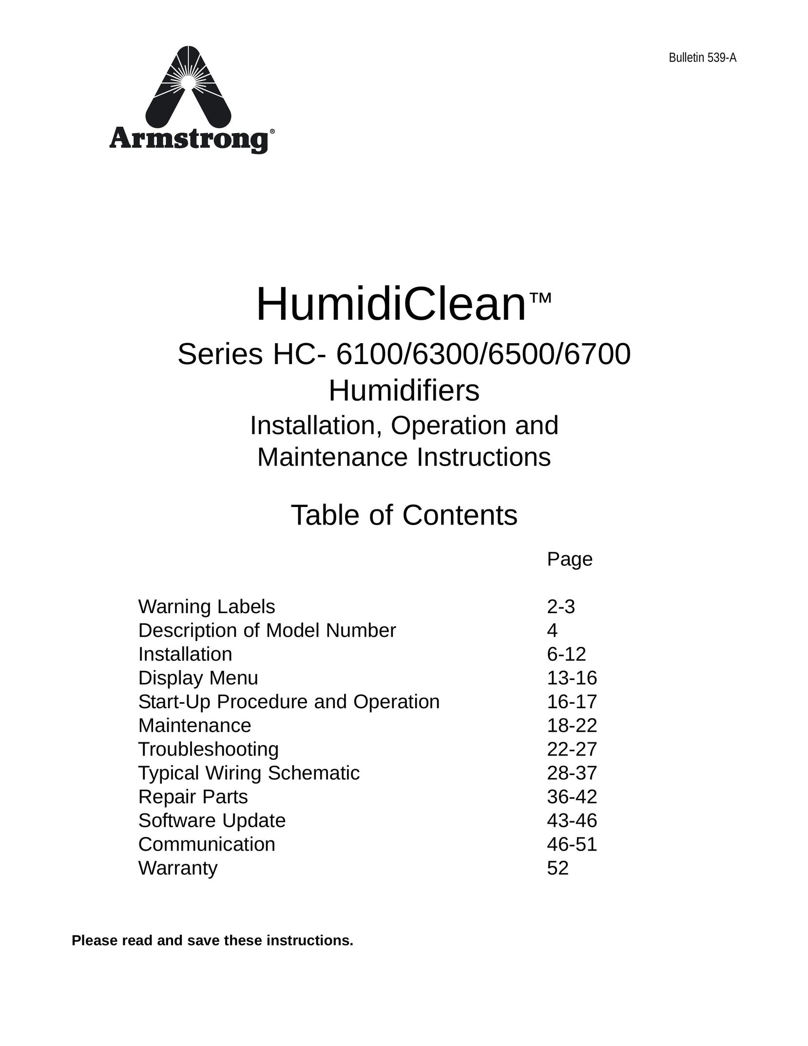 Armstrong World Industries 6700 Humidifier User Manual