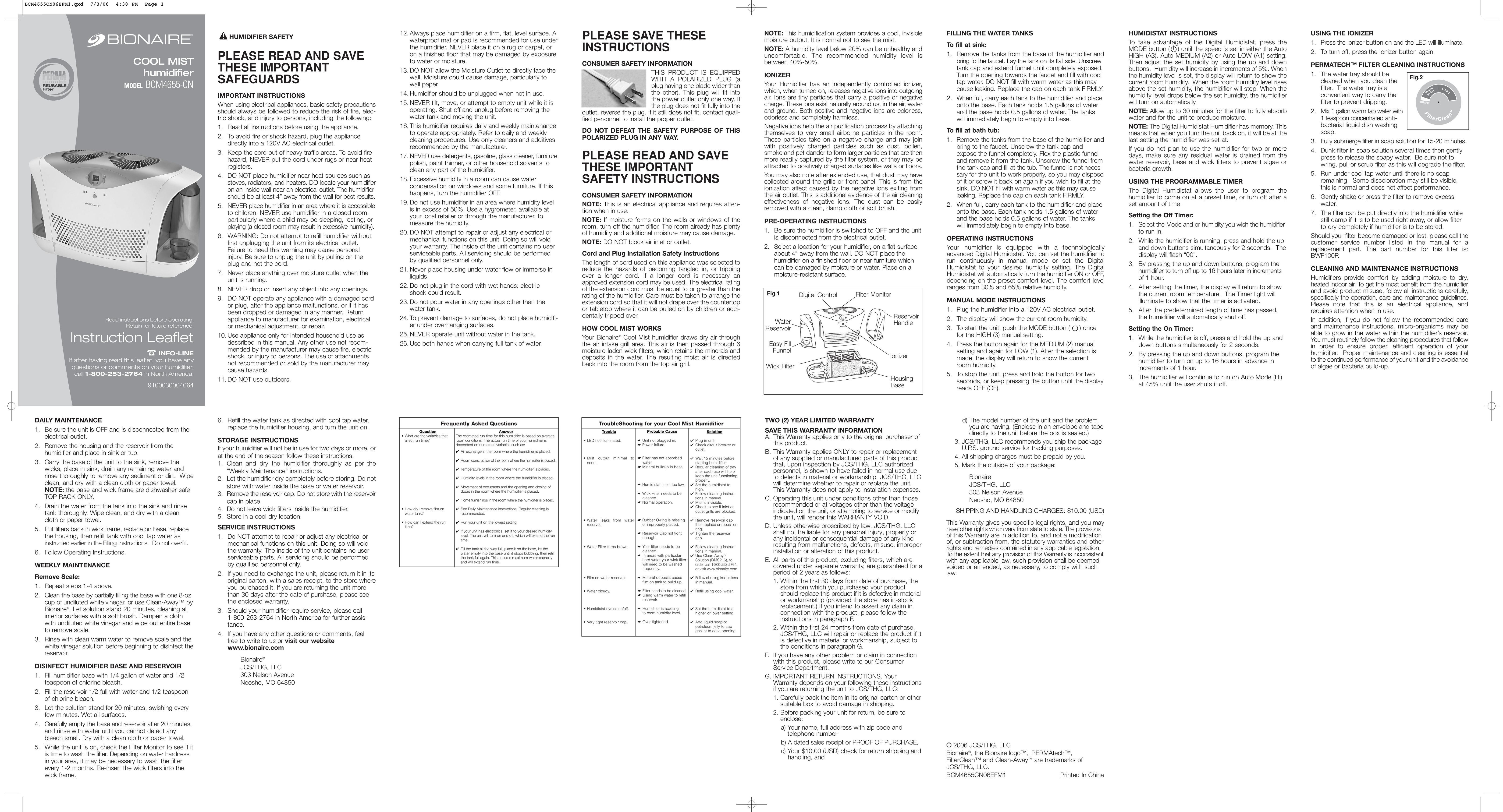 Bionaire BCM4655CN06EFM1 Humidifier User Manual