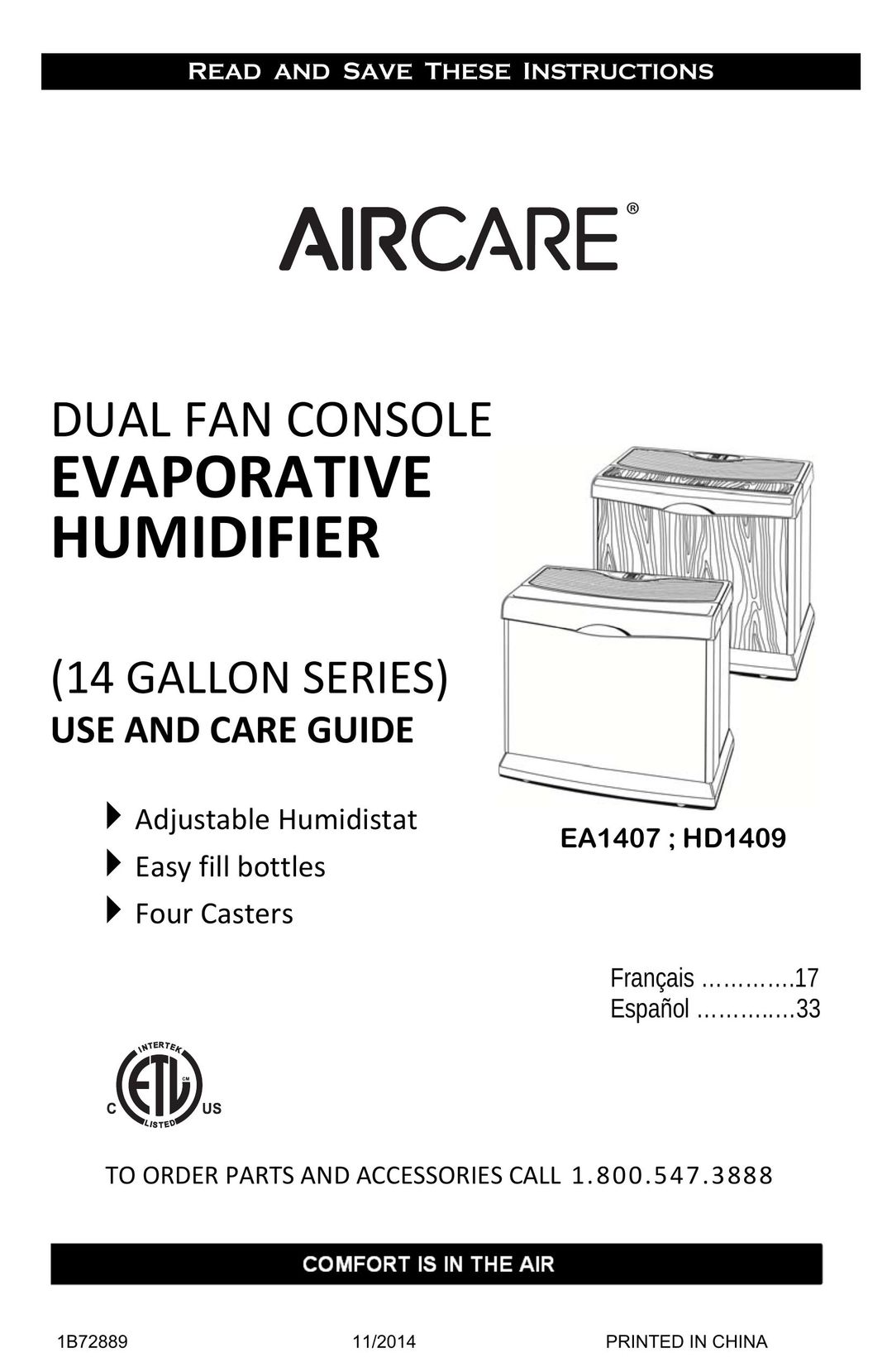 Essick Air EA1407 Humidifier User Manual