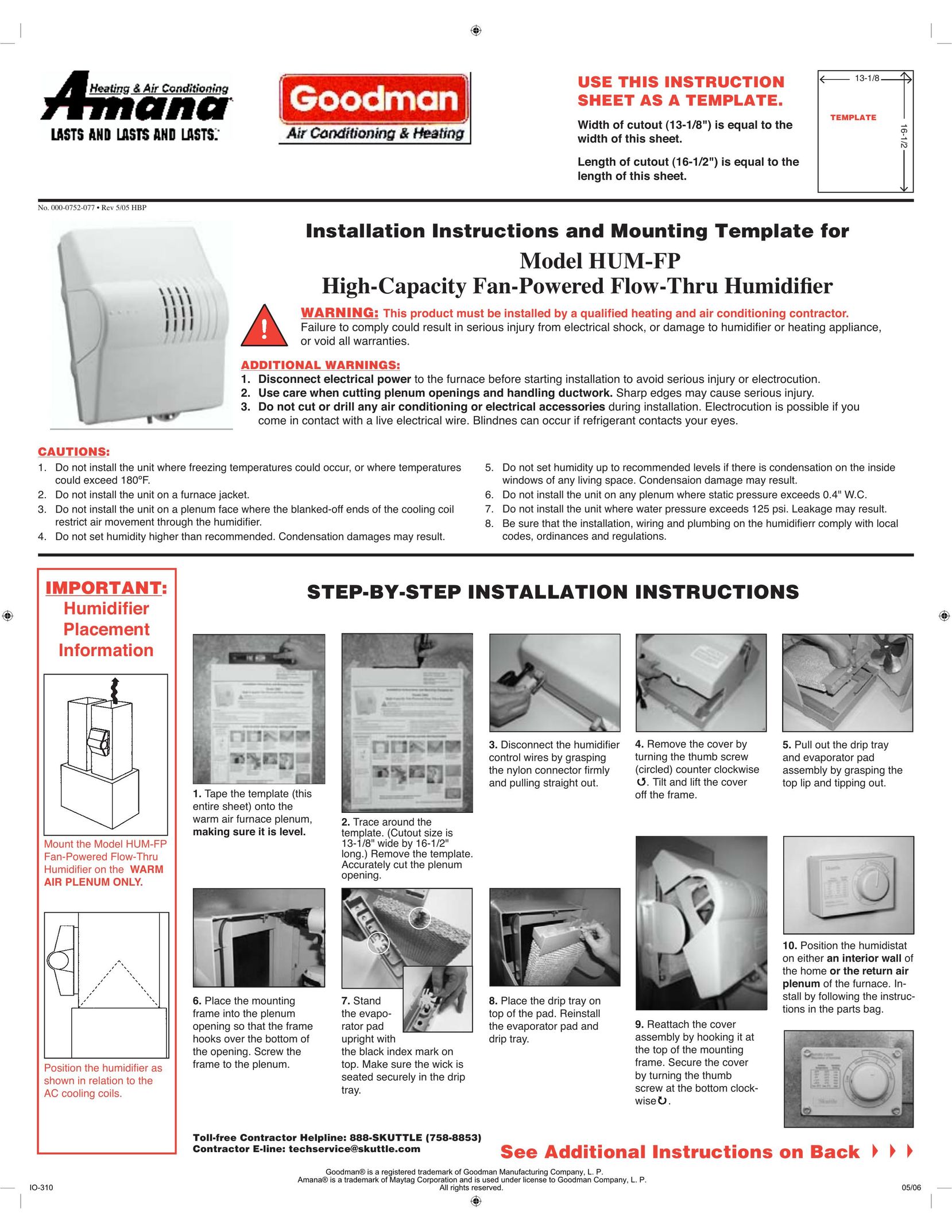 Goodman Mfg HUM-FP Humidifier User Manual