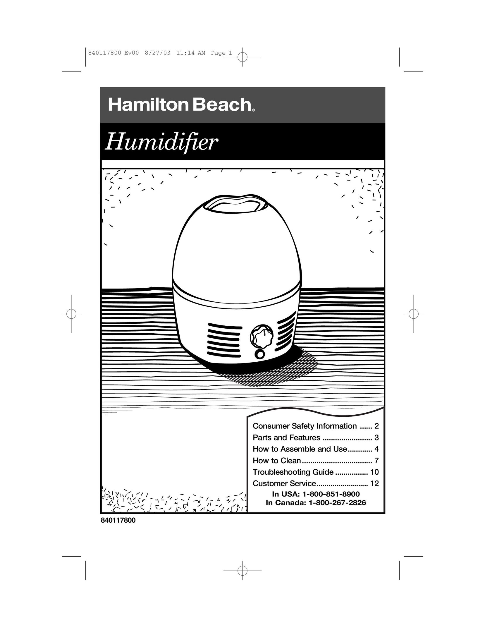 Hamilton Beach 840117800 Humidifier User Manual