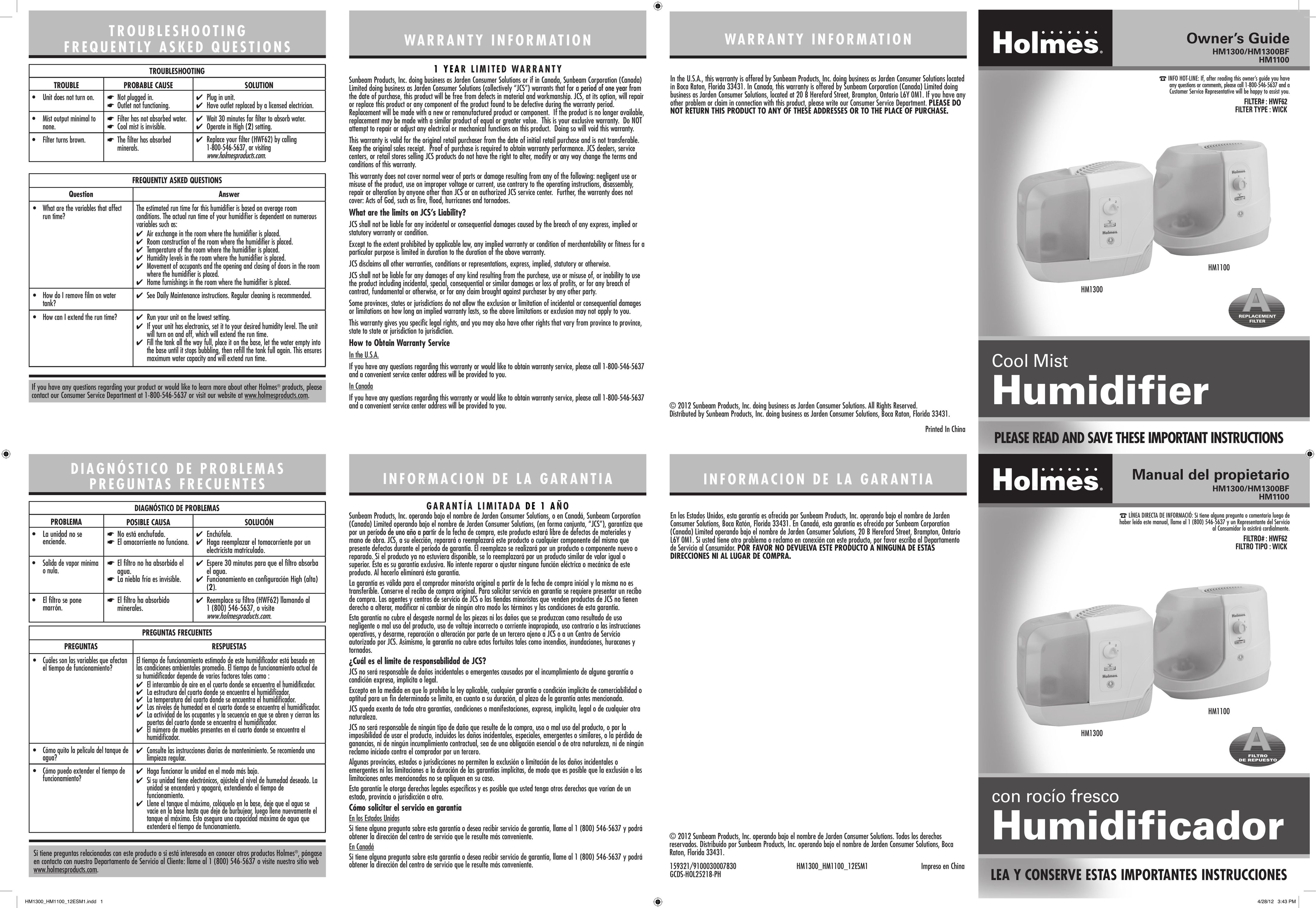 Holmes HM1300 Humidifier User Manual