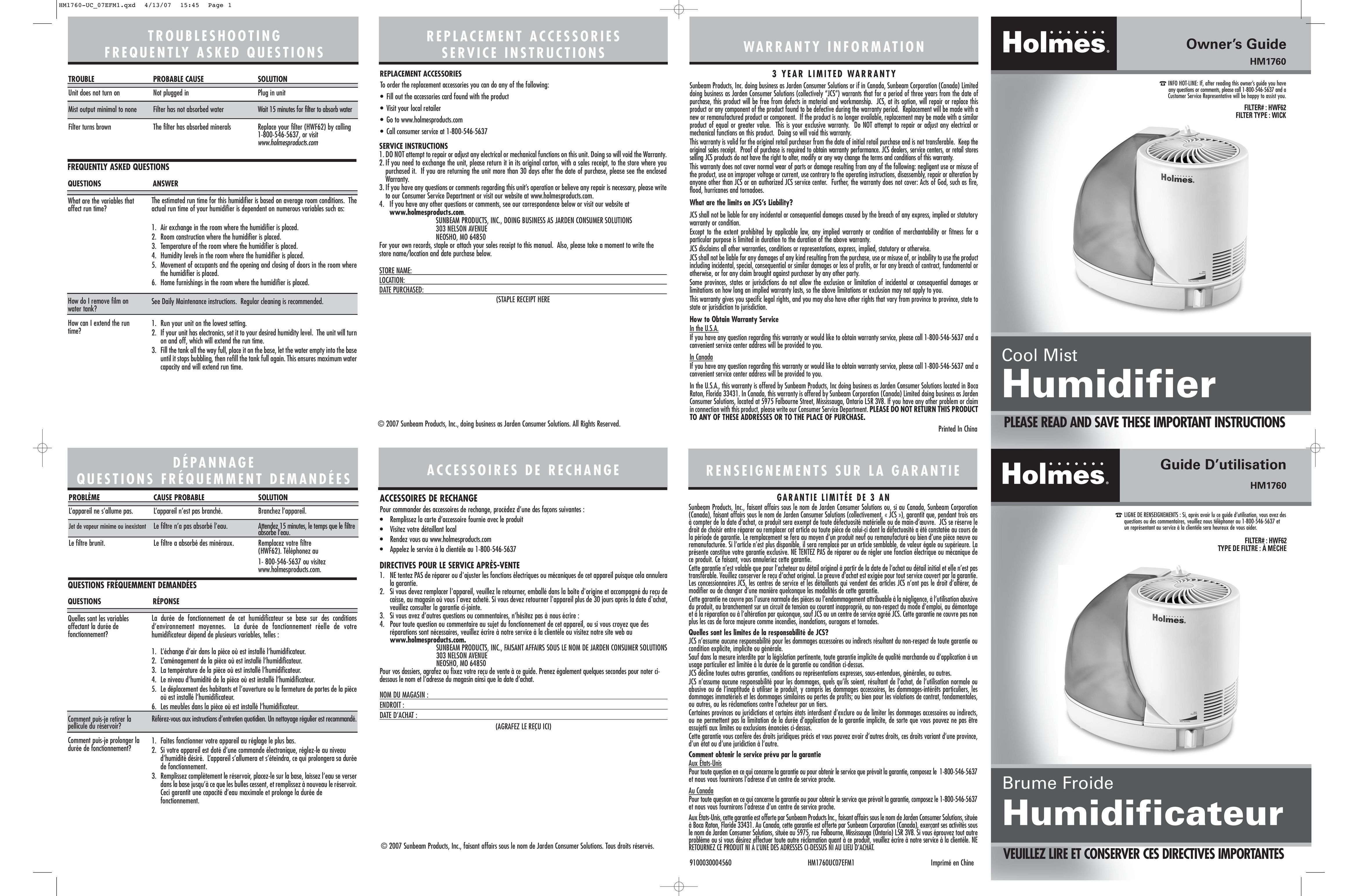 Holmes HM1760 Humidifier User Manual