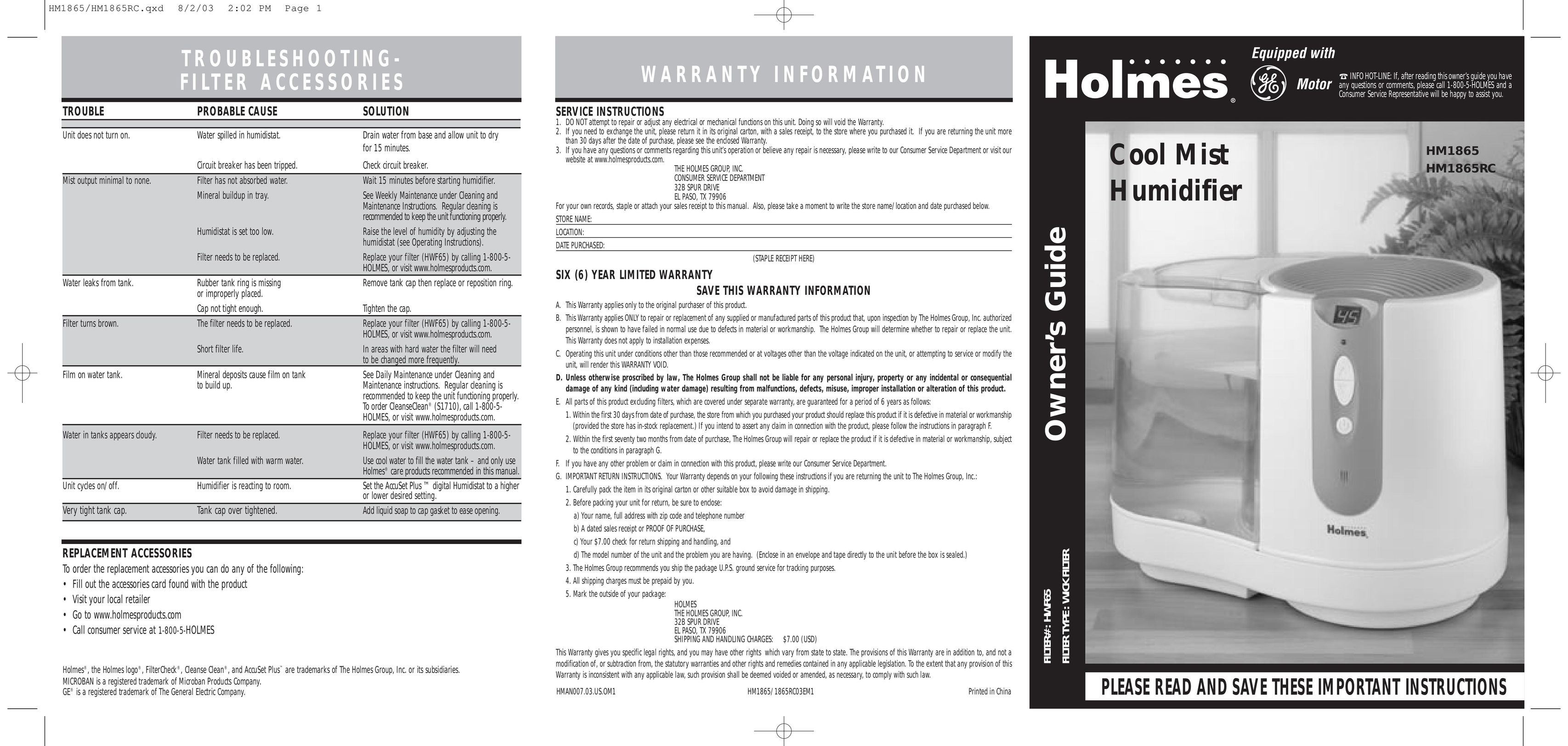 Holmes HM1865 Humidifier User Manual