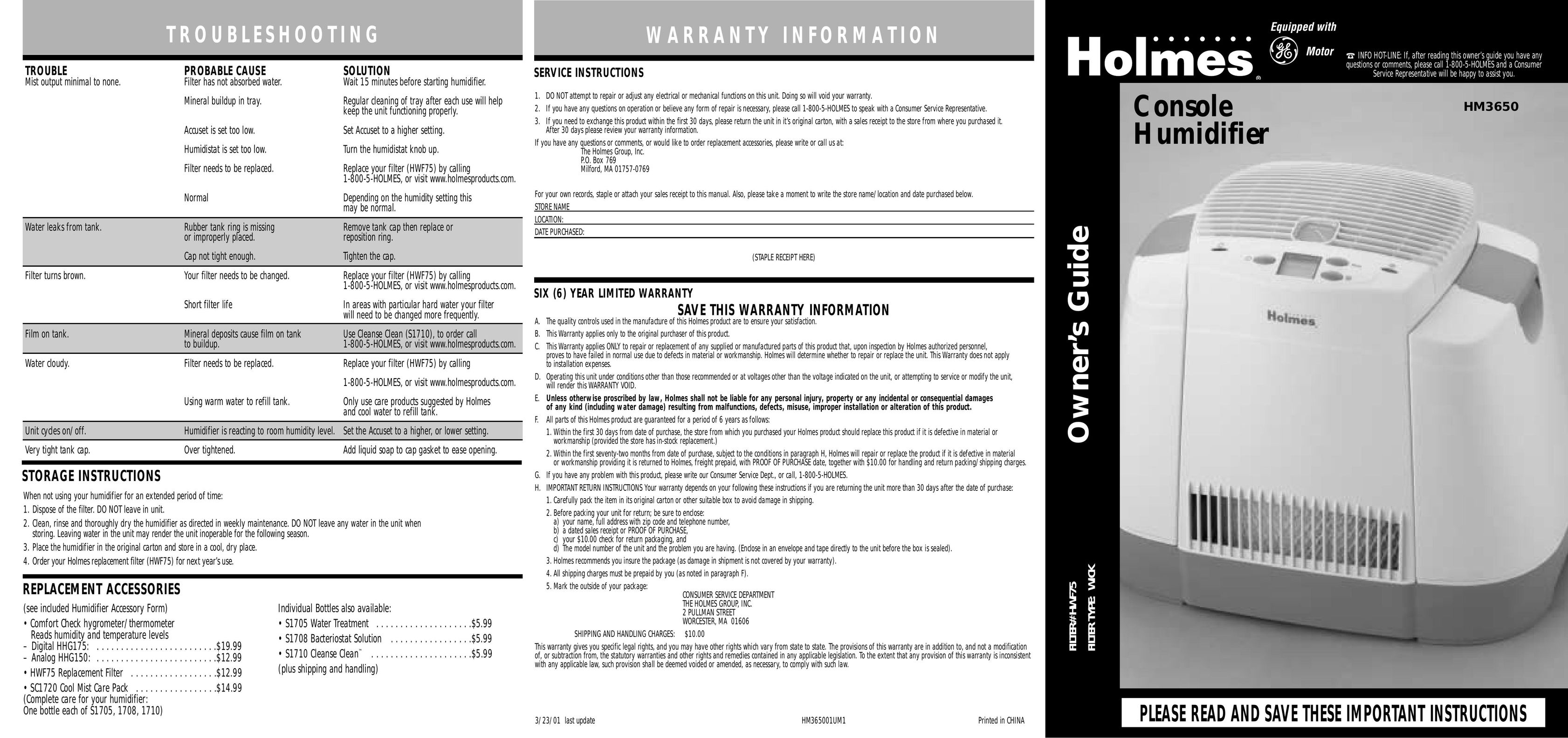 Holmes HM3650 Humidifier User Manual