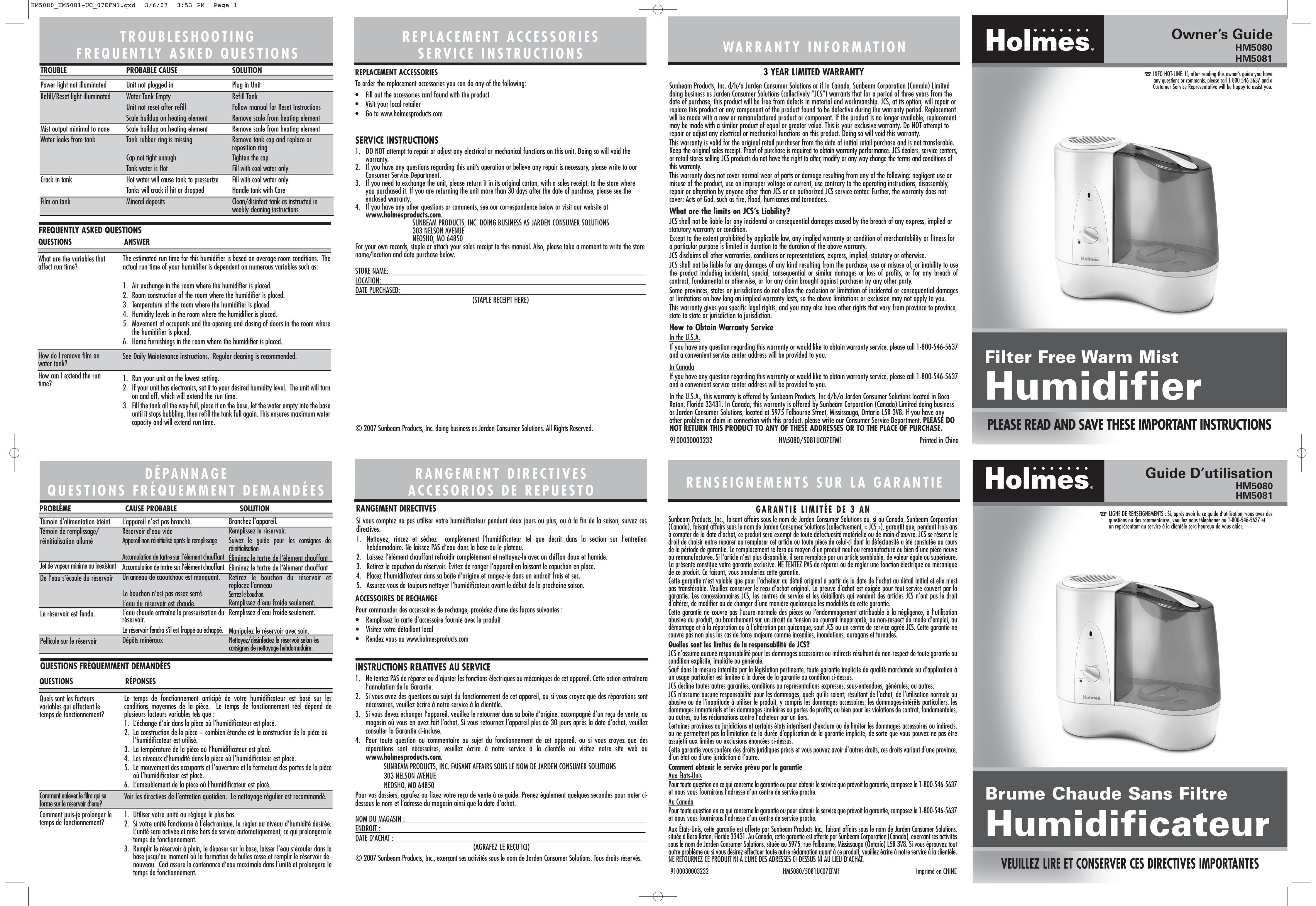 Holmes HM5081 Humidifier User Manual