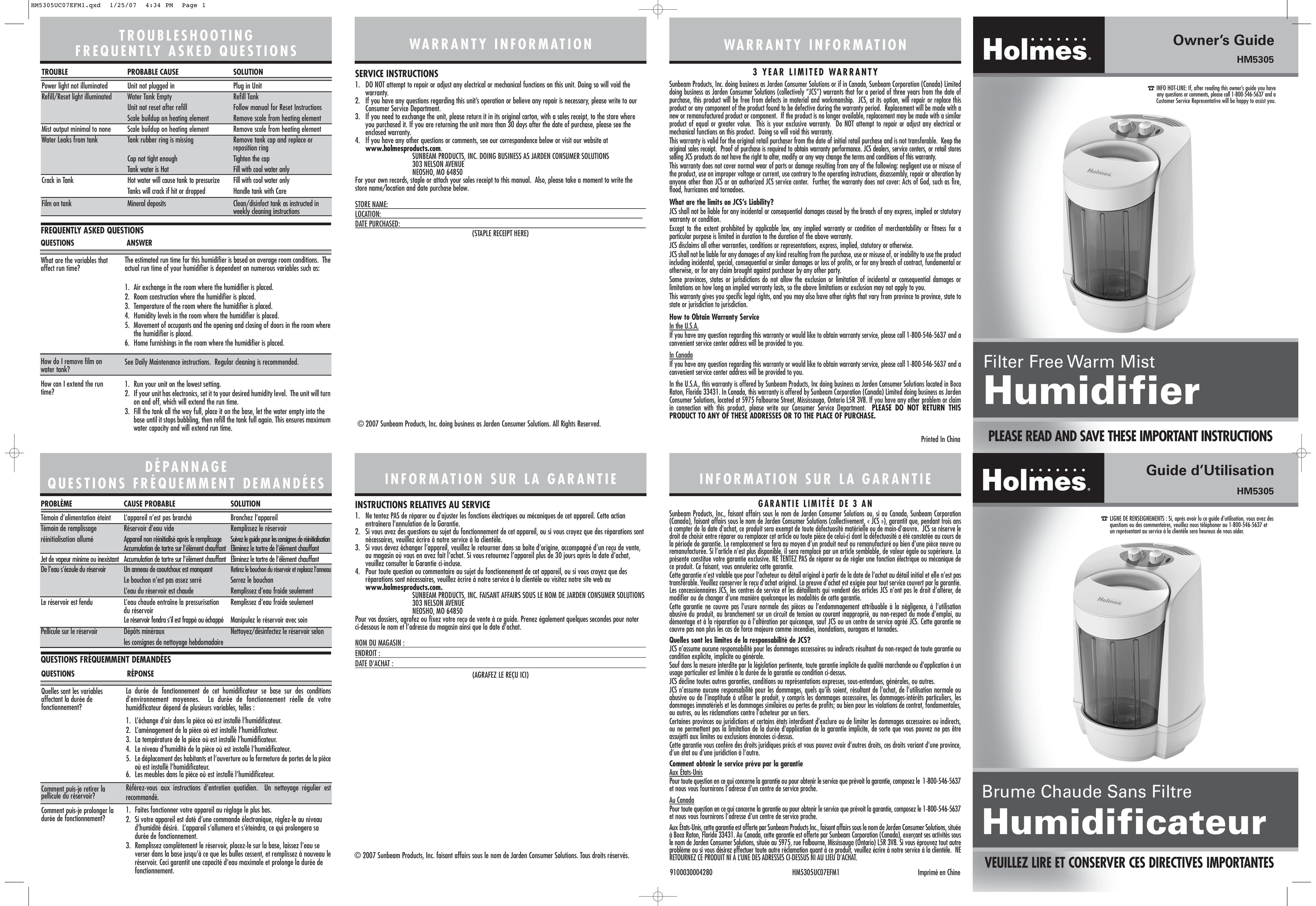 Holmes HM5305 Humidifier User Manual