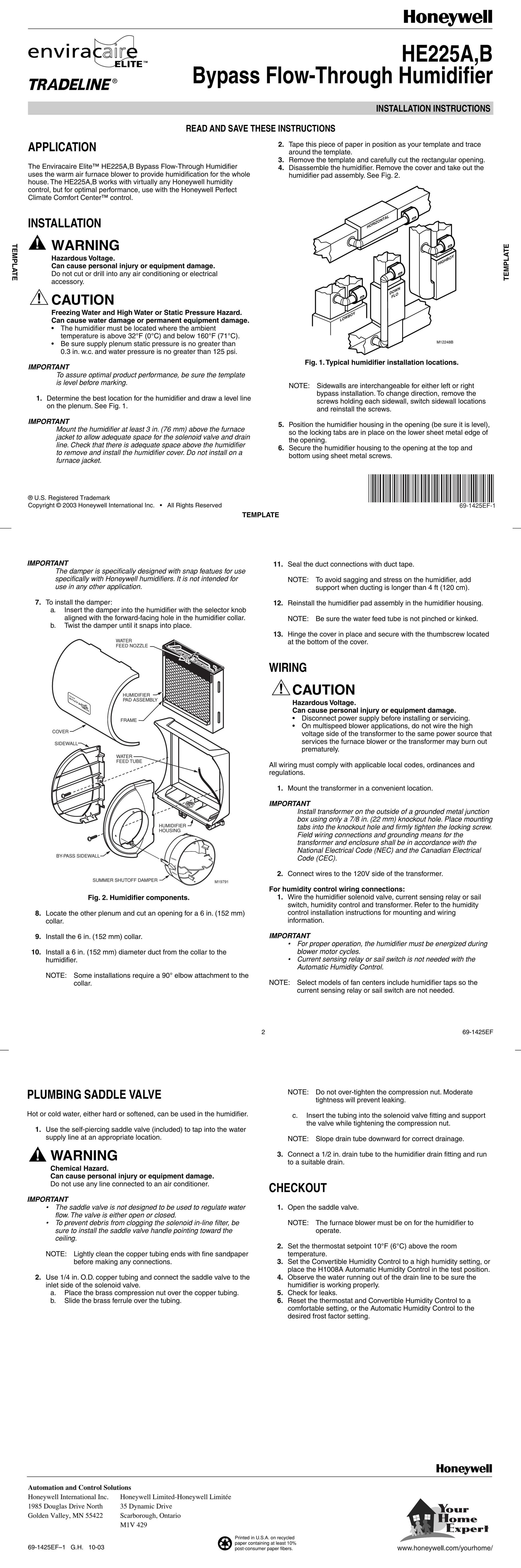 Honeywell 225A Humidifier User Manual