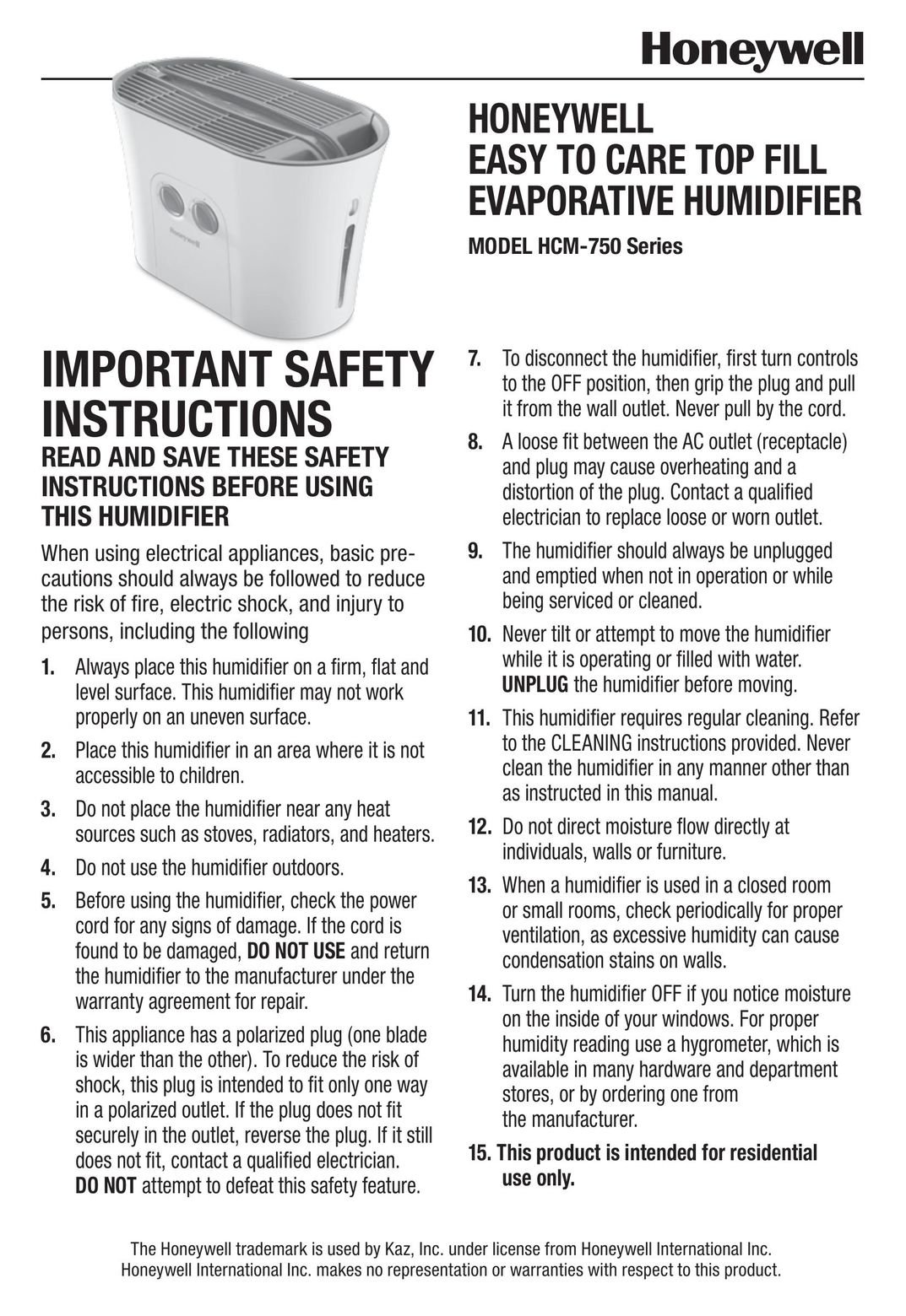 Honeywell HCM-750 Humidifier User Manual