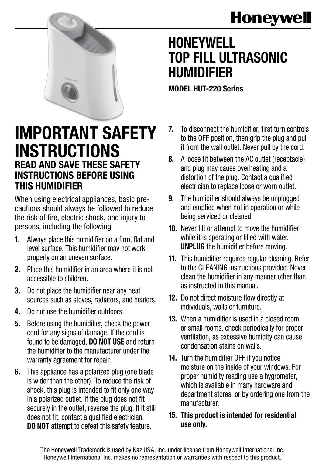 Honeywell HDC-200PDQ Humidifier User Manual