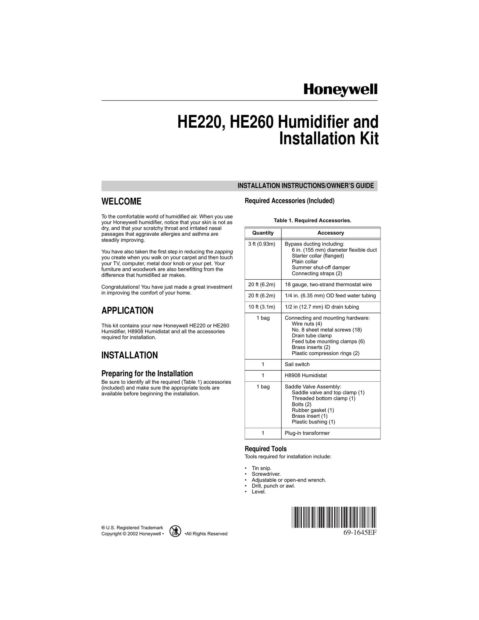 Honeywell HE220 Humidifier User Manual