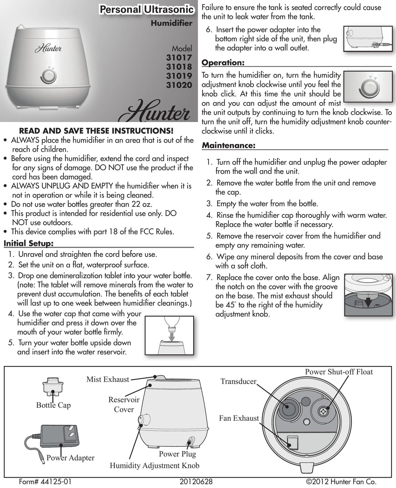 Hunter Fan 31017 Humidifier User Manual