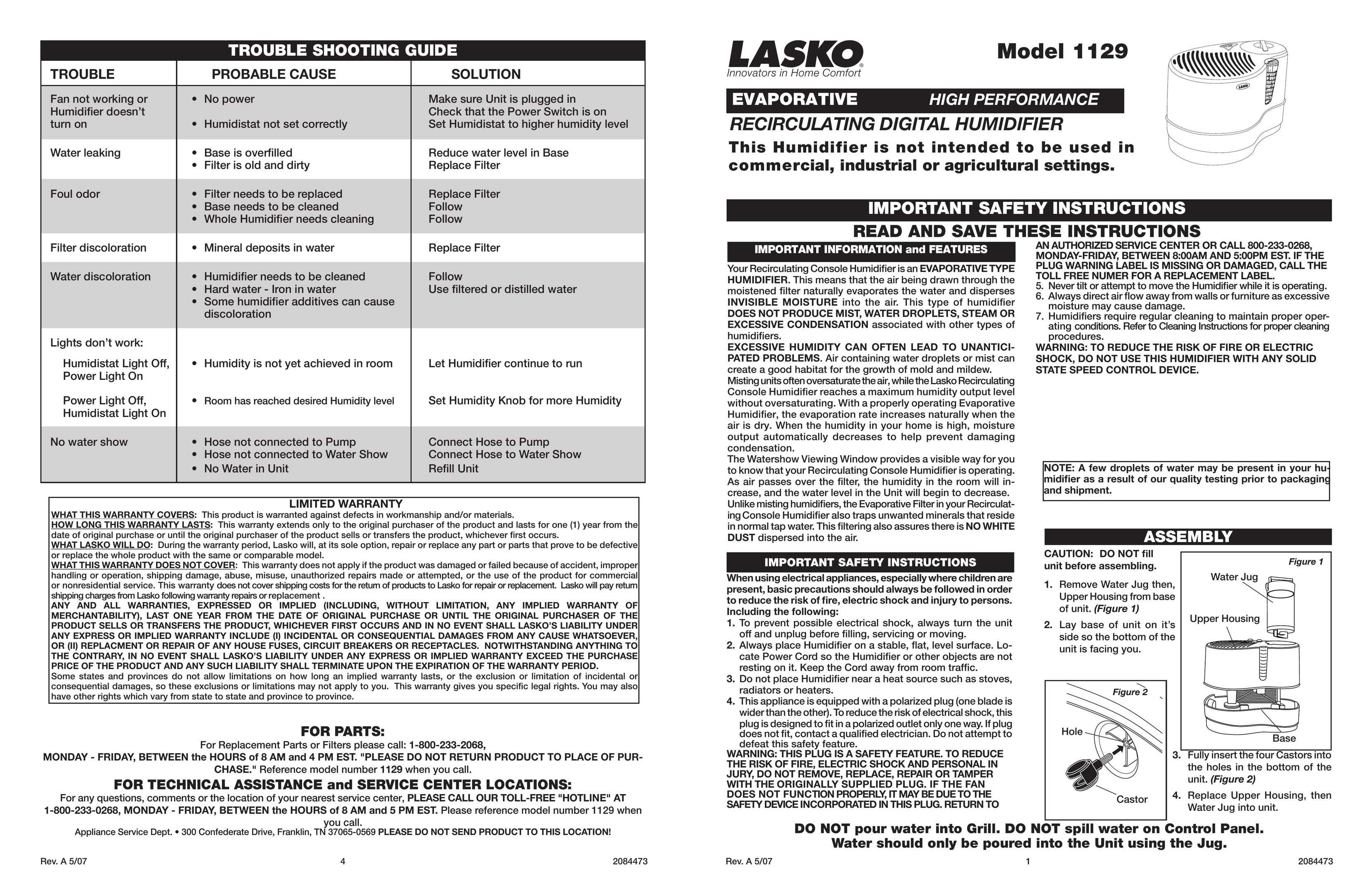 Lasko 1129 Humidifier User Manual