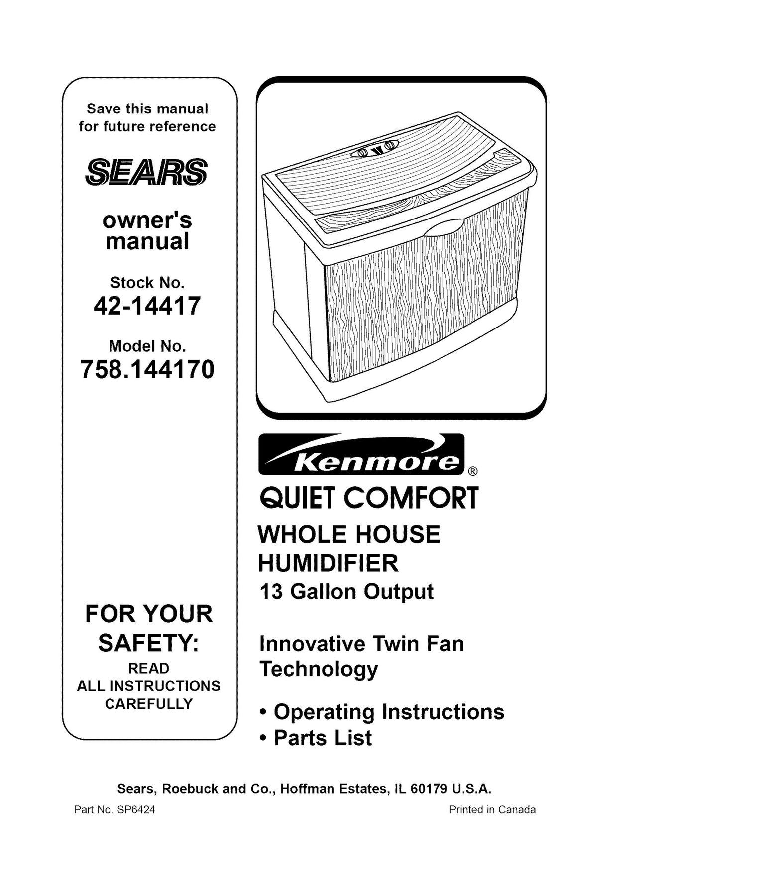 Sears 758.14417 Humidifier User Manual