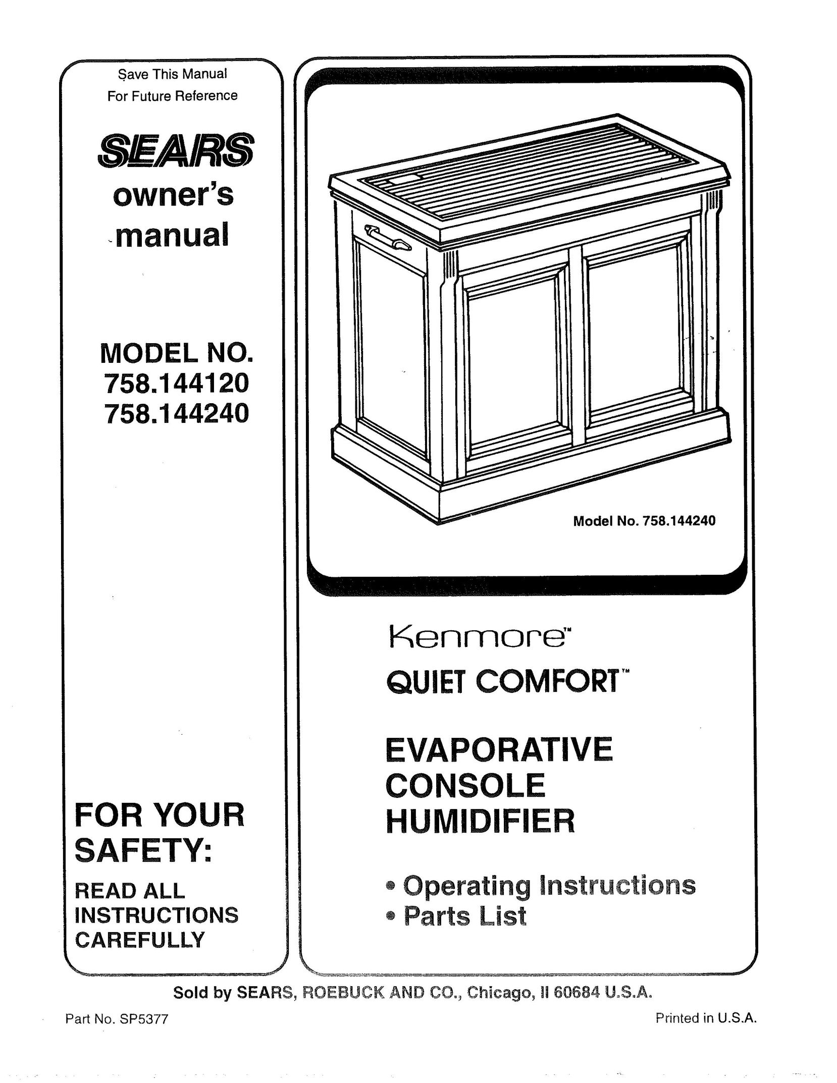 Sears 758.144240 Humidifier User Manual