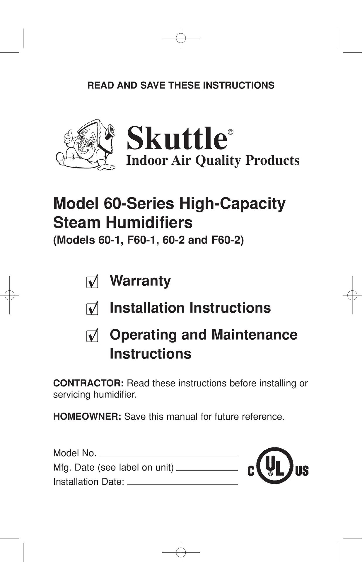 Skuttle Indoor Air Quality Products 60-1 Humidifier User Manual