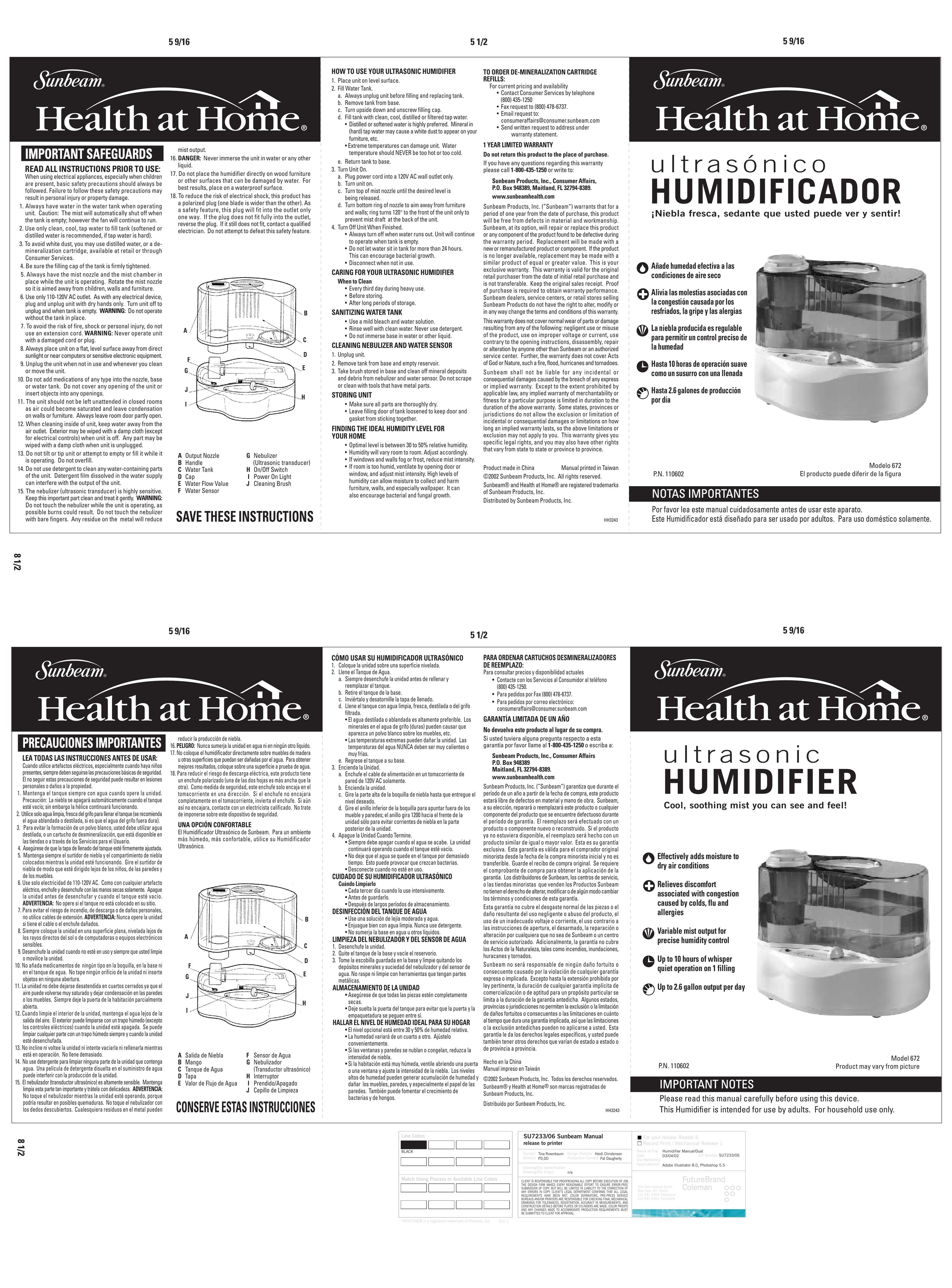 Sunbeam 672 Humidifier User Manual