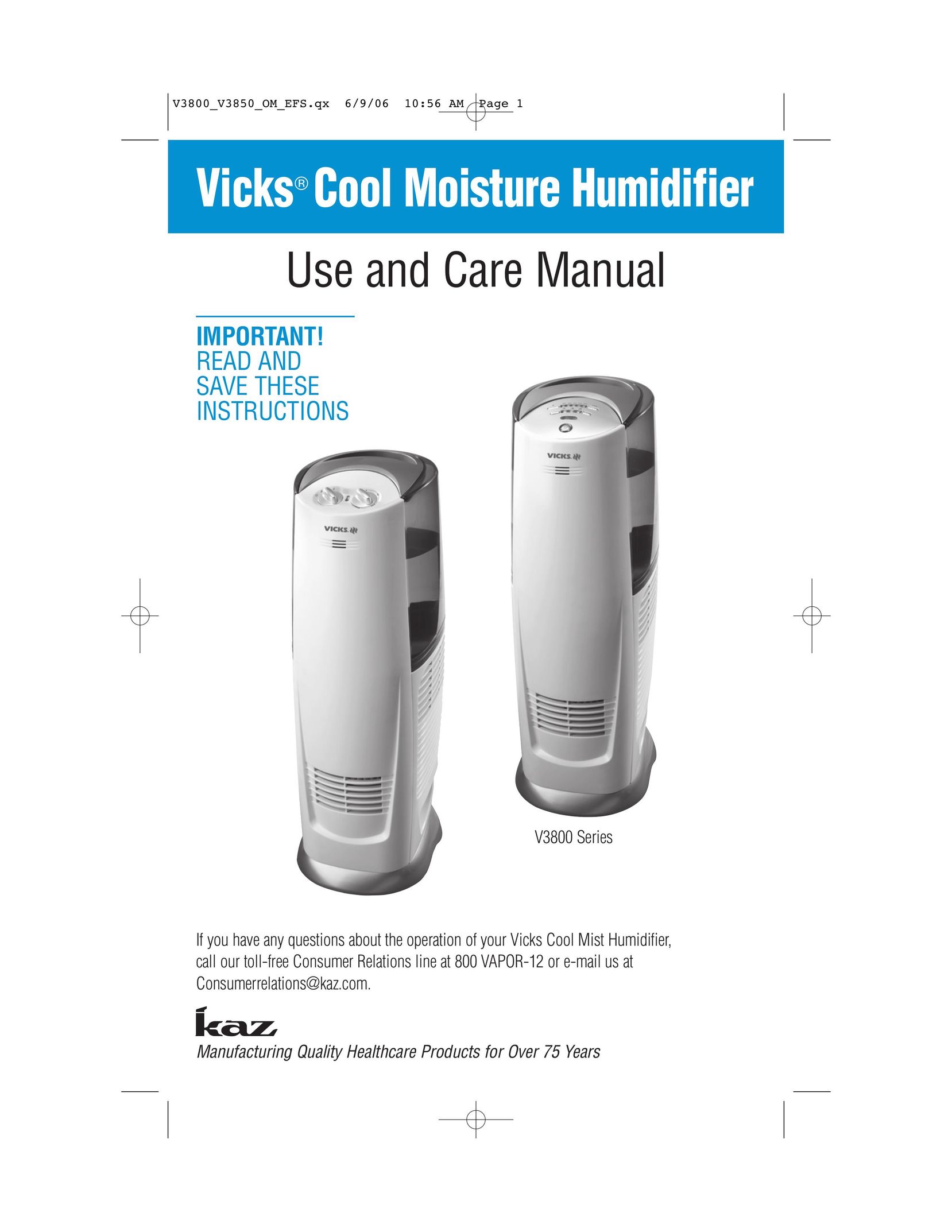 Vicks V3800 Series Humidifier User Manual
