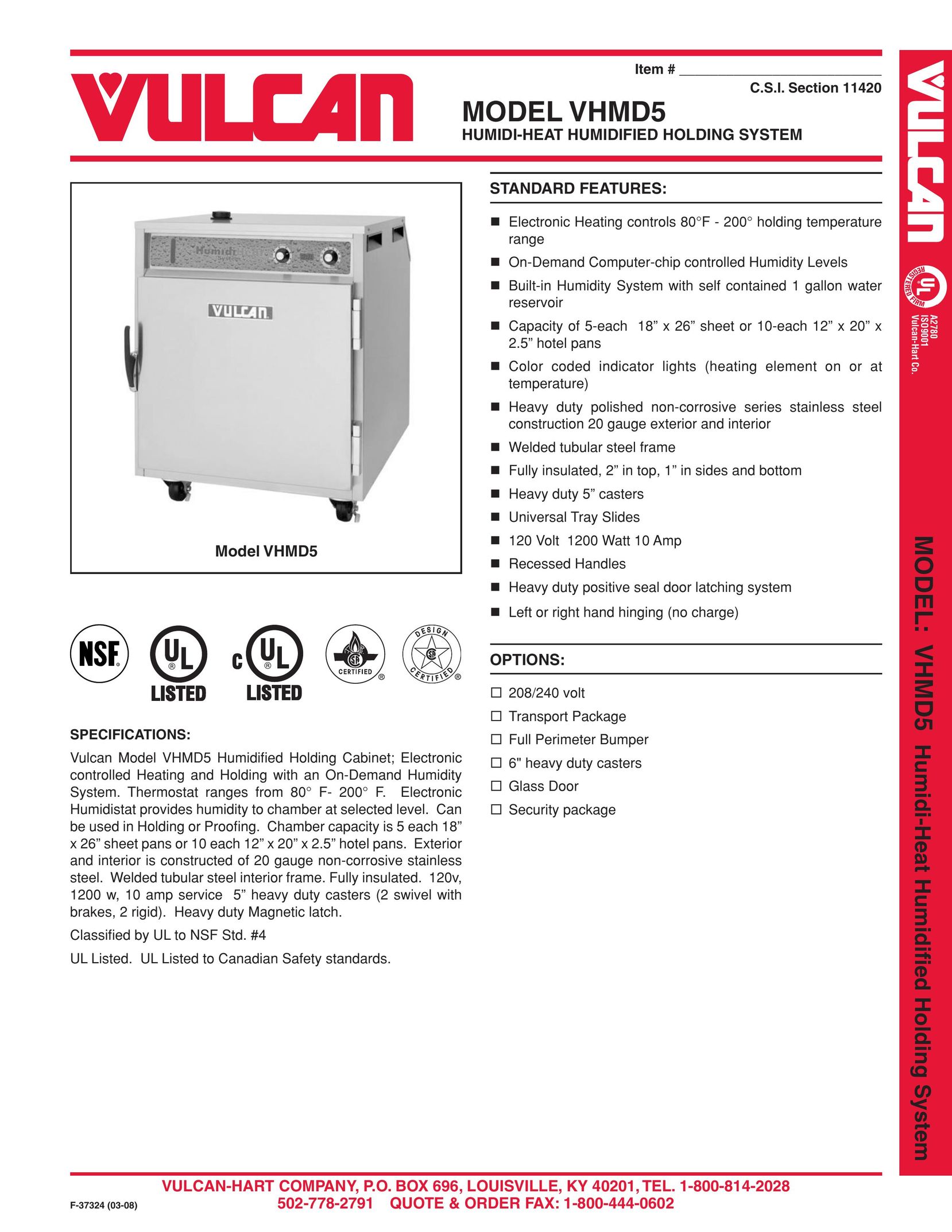 Vulcan-Hart VHMD5 Humidifier User Manual