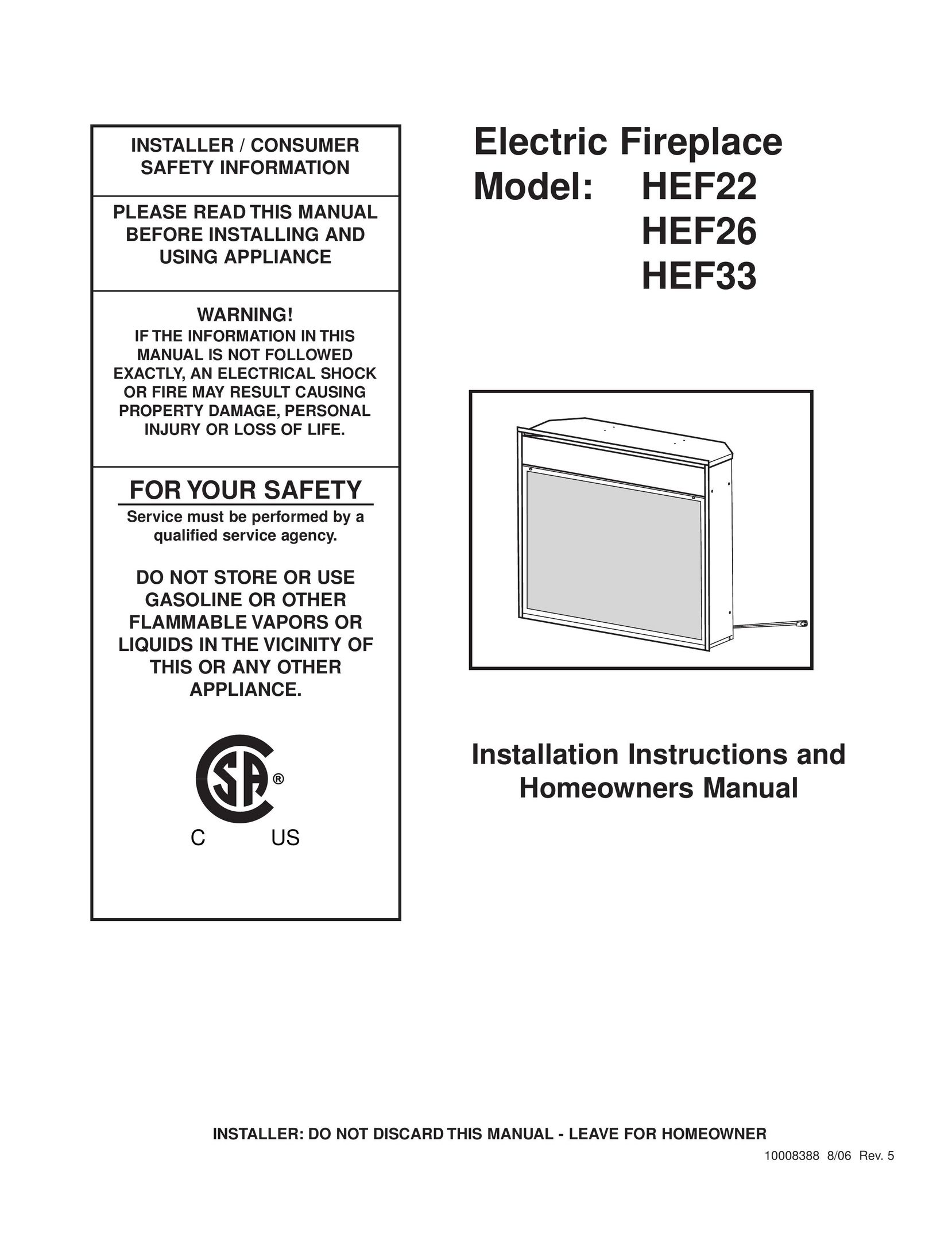 CFM Corporation HEF22 Indoor Fireplace User Manual