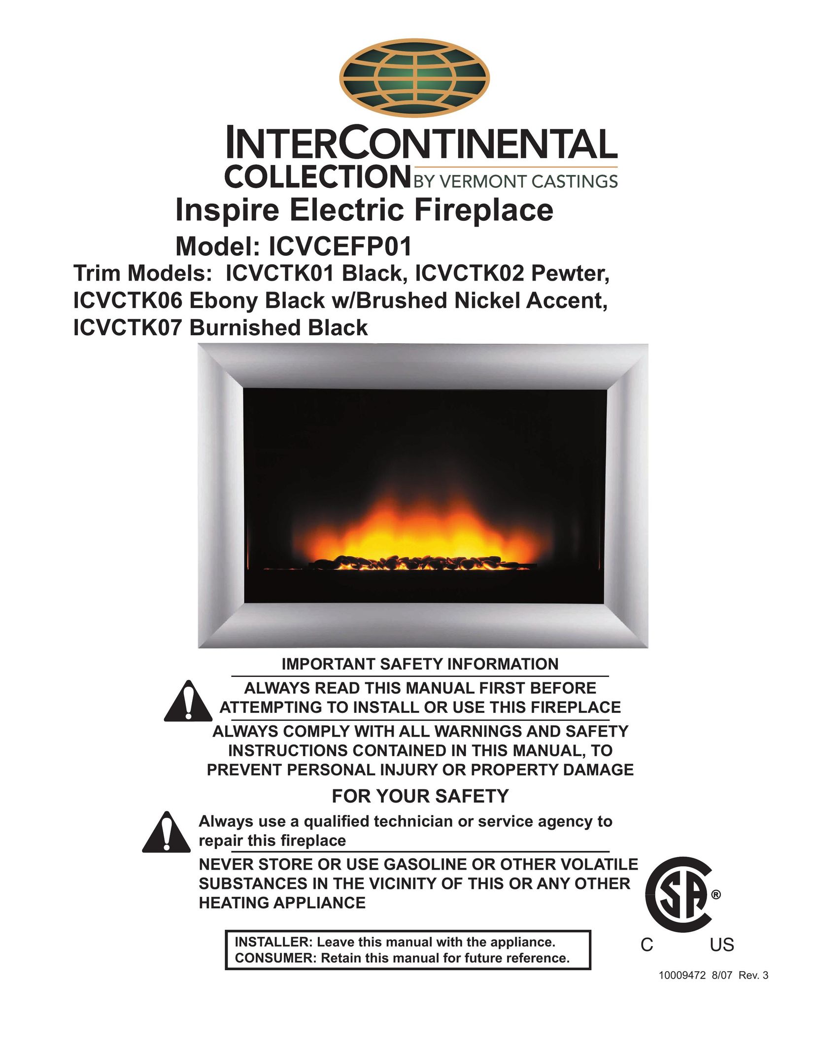 CFM Corporation ICVCEFP01 Indoor Fireplace User Manual