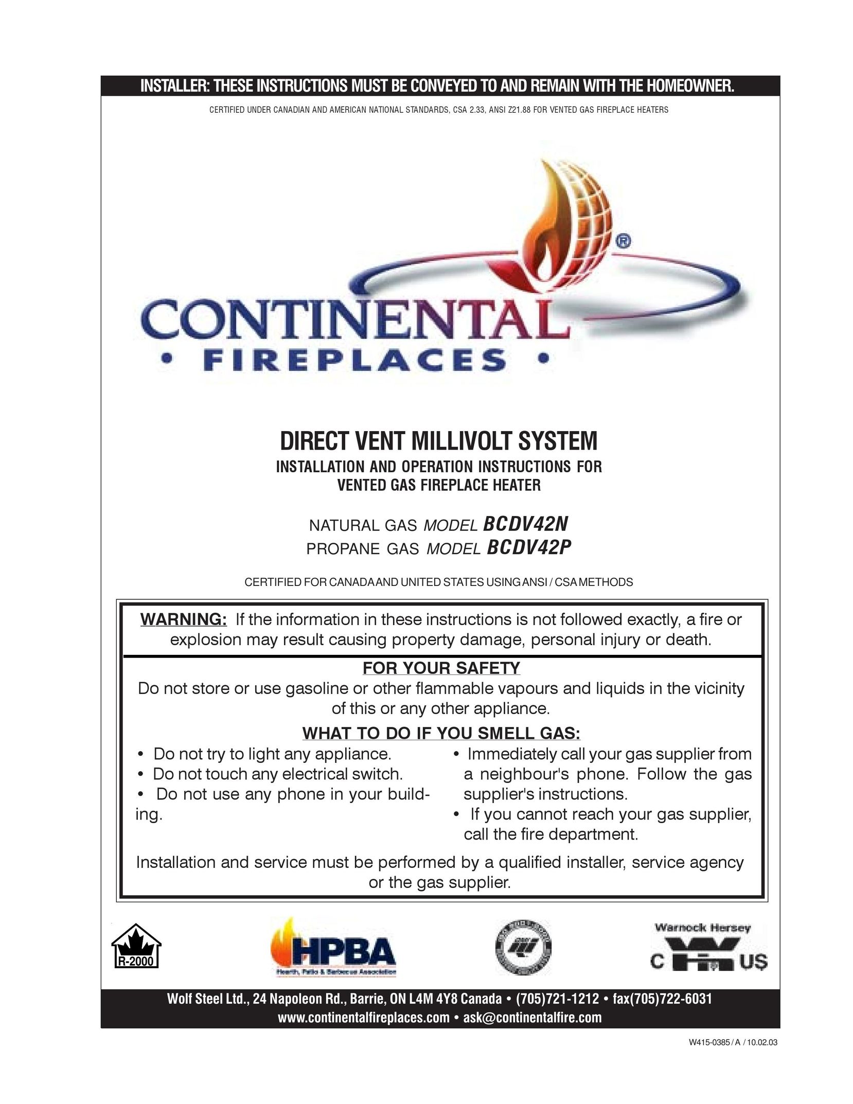 Continental BCDV42N Indoor Fireplace User Manual