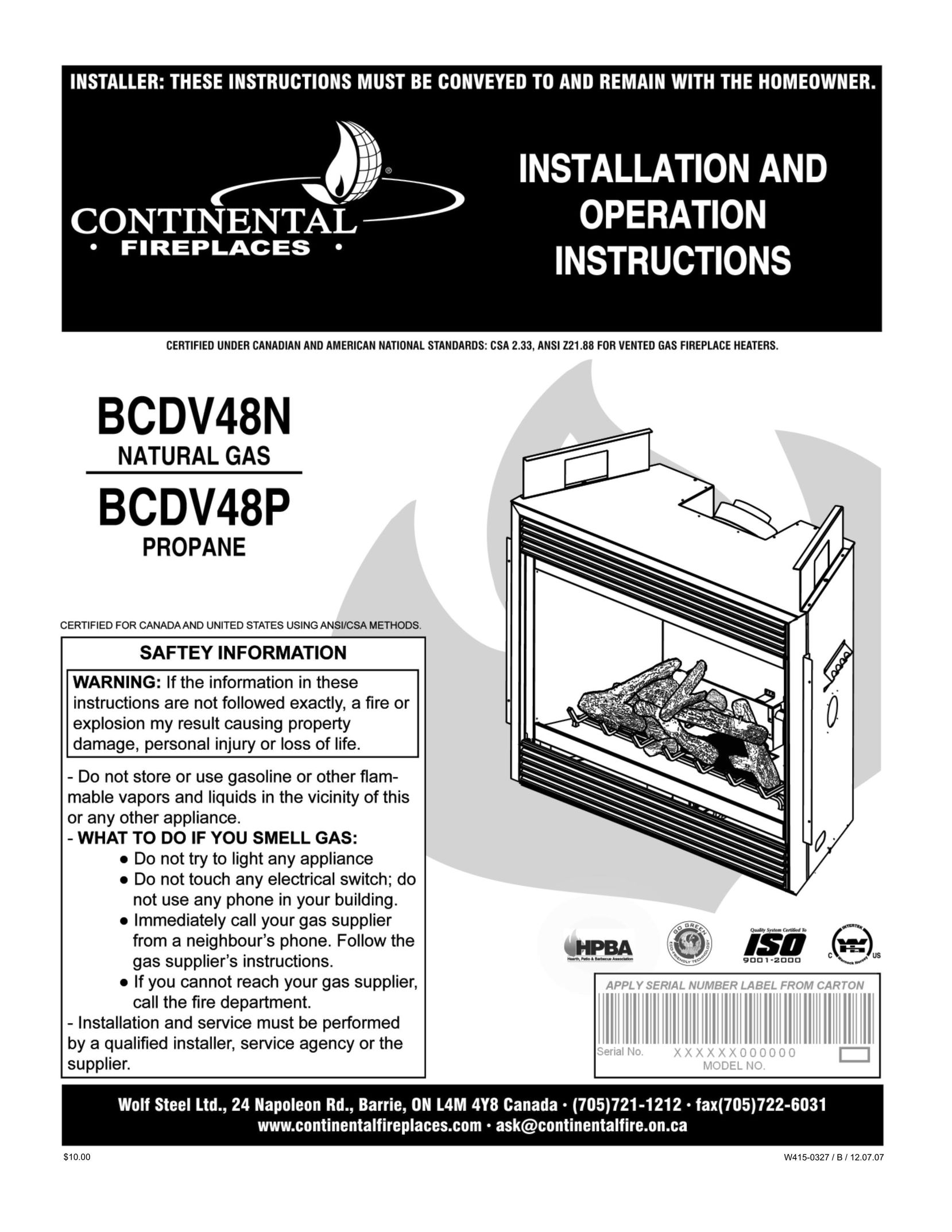 Continental BCDV48N Indoor Fireplace User Manual
