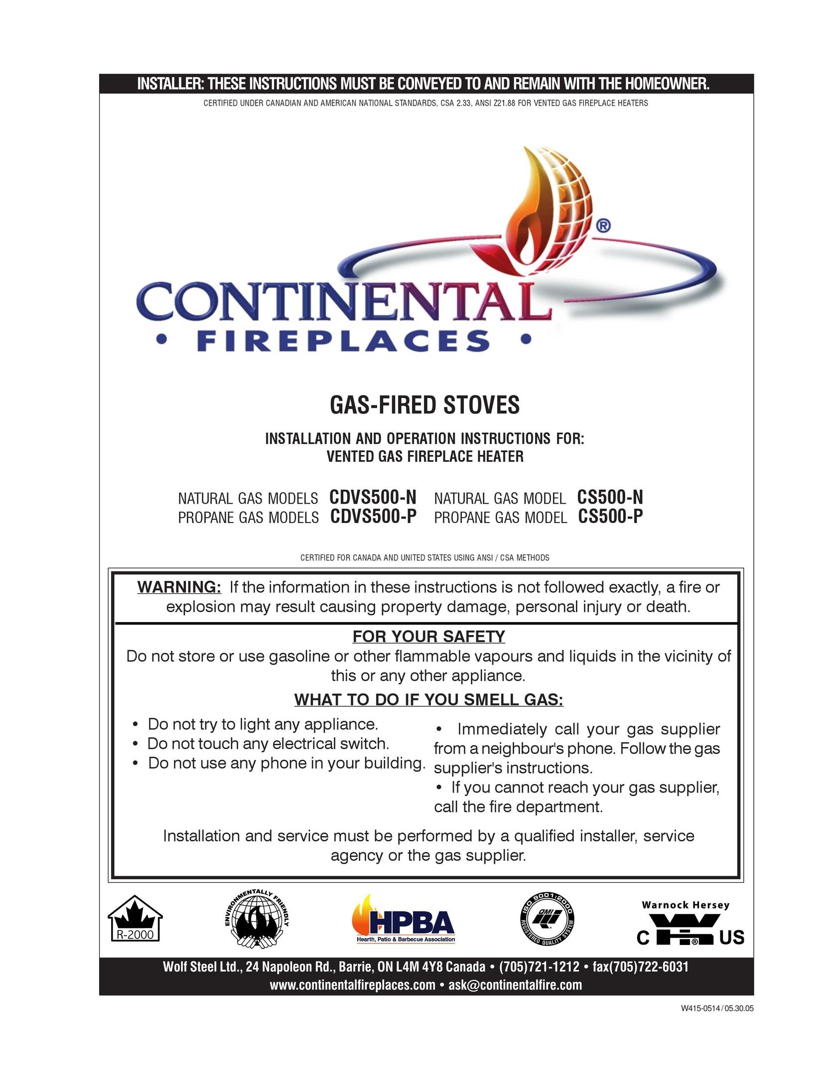 Continental CDVS500-N Indoor Fireplace User Manual