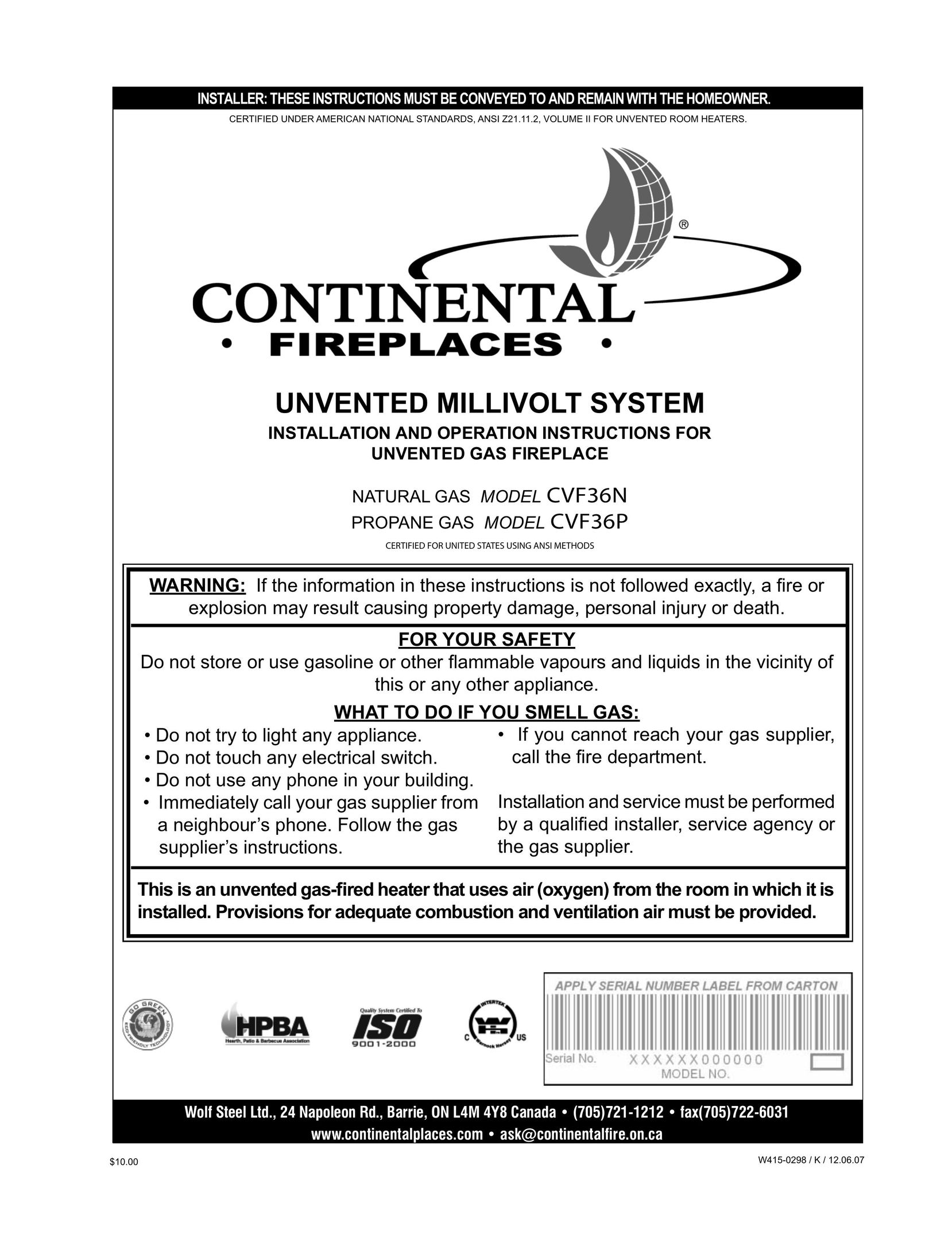 Continental CVF36P Indoor Fireplace User Manual