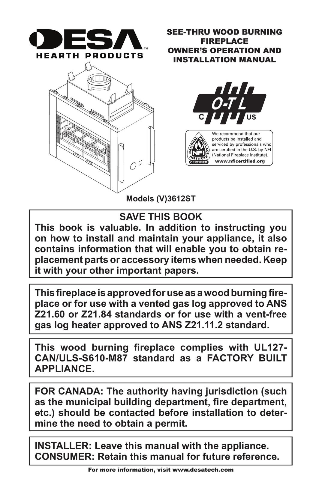 Desa (V)3612ST Indoor Fireplace User Manual
