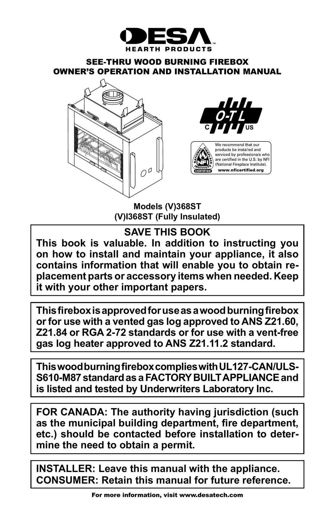 Desa (V)368ST Indoor Fireplace User Manual