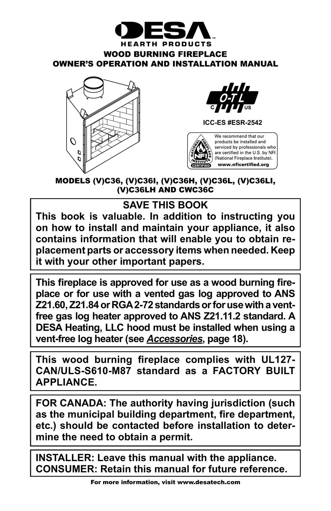 Desa (V)C36LH Indoor Fireplace User Manual
