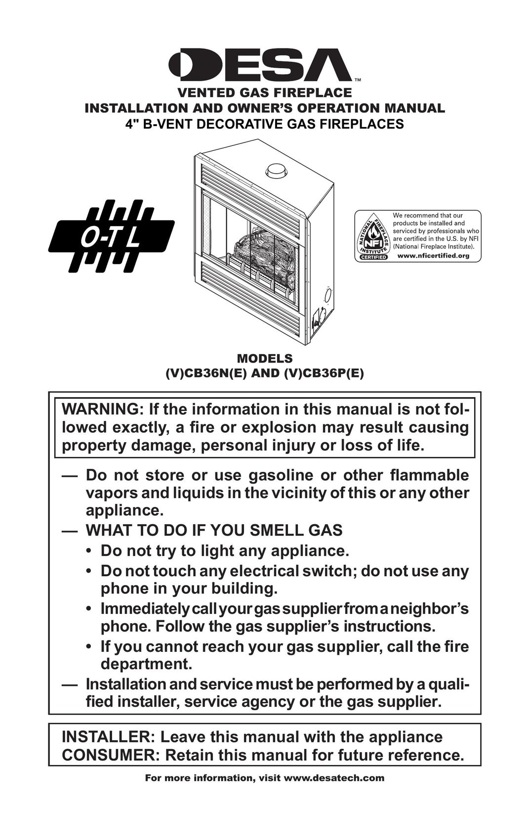 Desa (V)CB36N(E) Indoor Fireplace User Manual