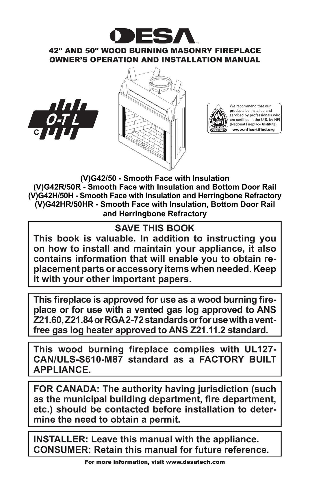 Desa (V)G42HR/50HR Indoor Fireplace User Manual