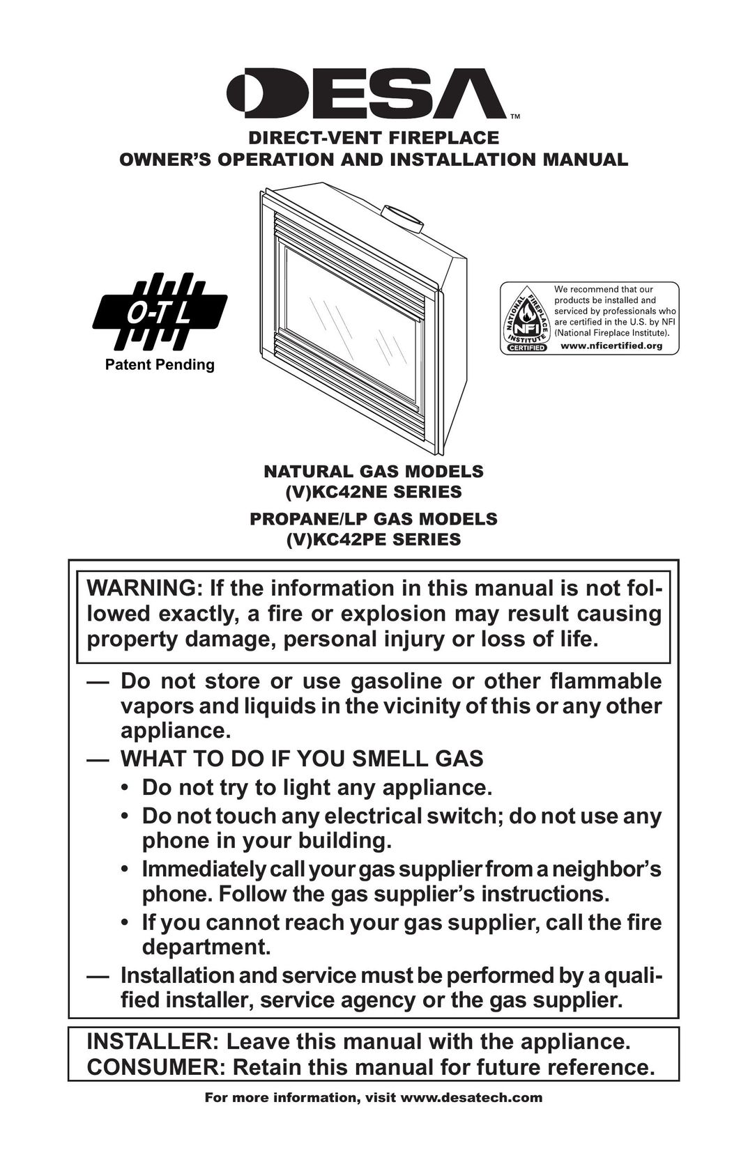 Desa (V)KC42PE Indoor Fireplace User Manual