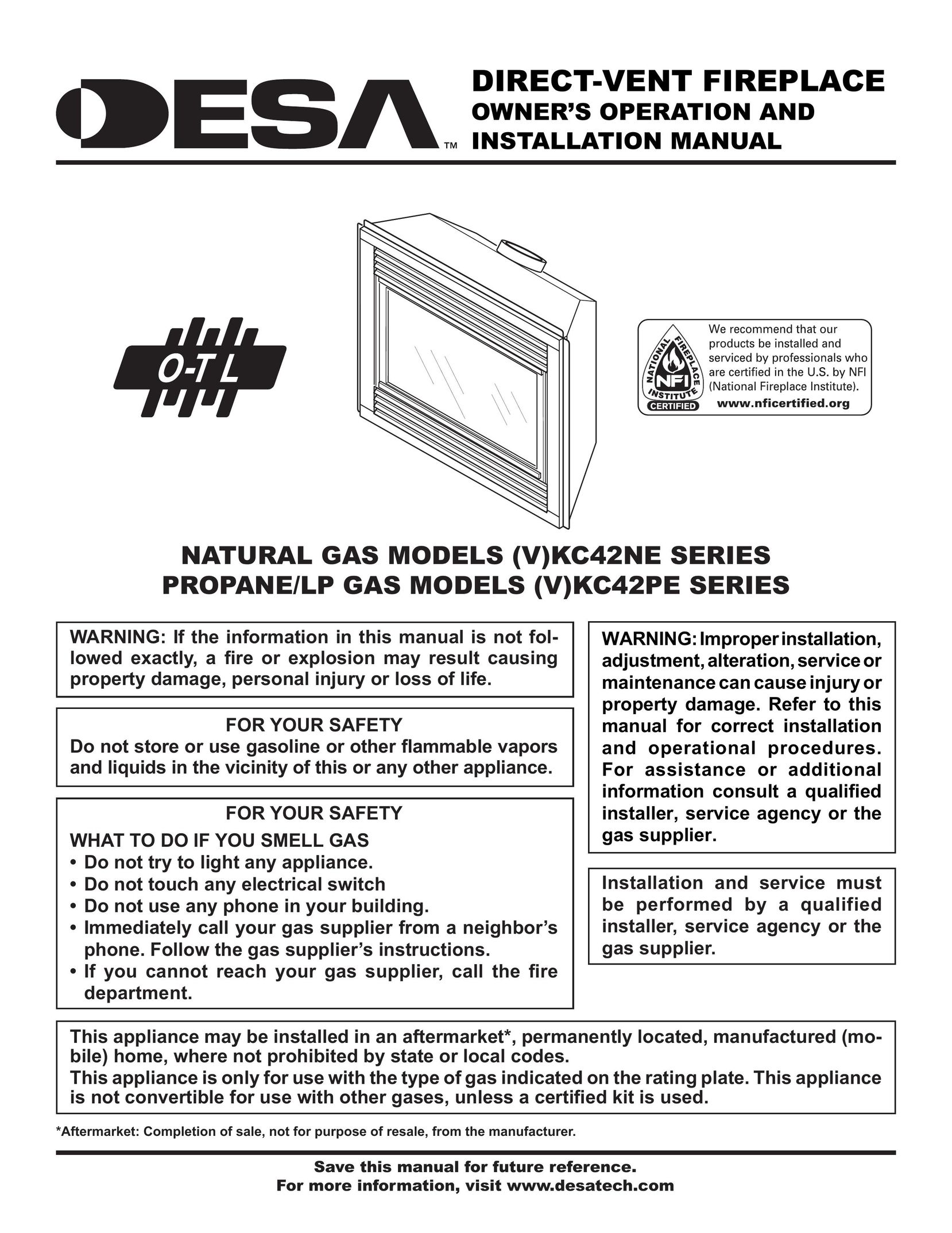 Desa (V)KC42PE SERIES, (V)KC42NE SERIES Indoor Fireplace User Manual