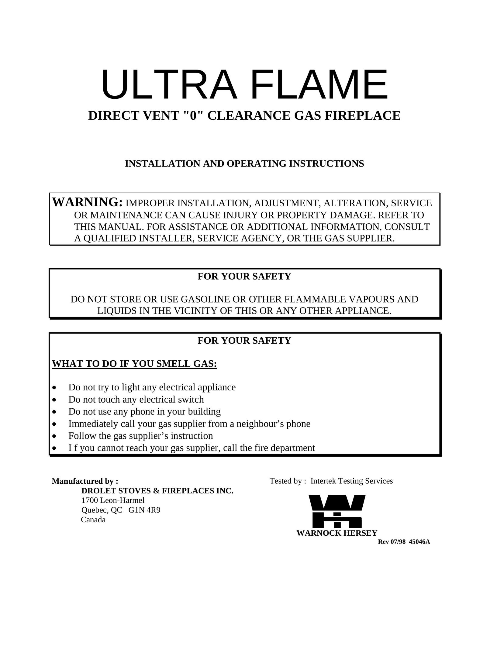 Drolet DG05437/DG05447 Indoor Fireplace User Manual
