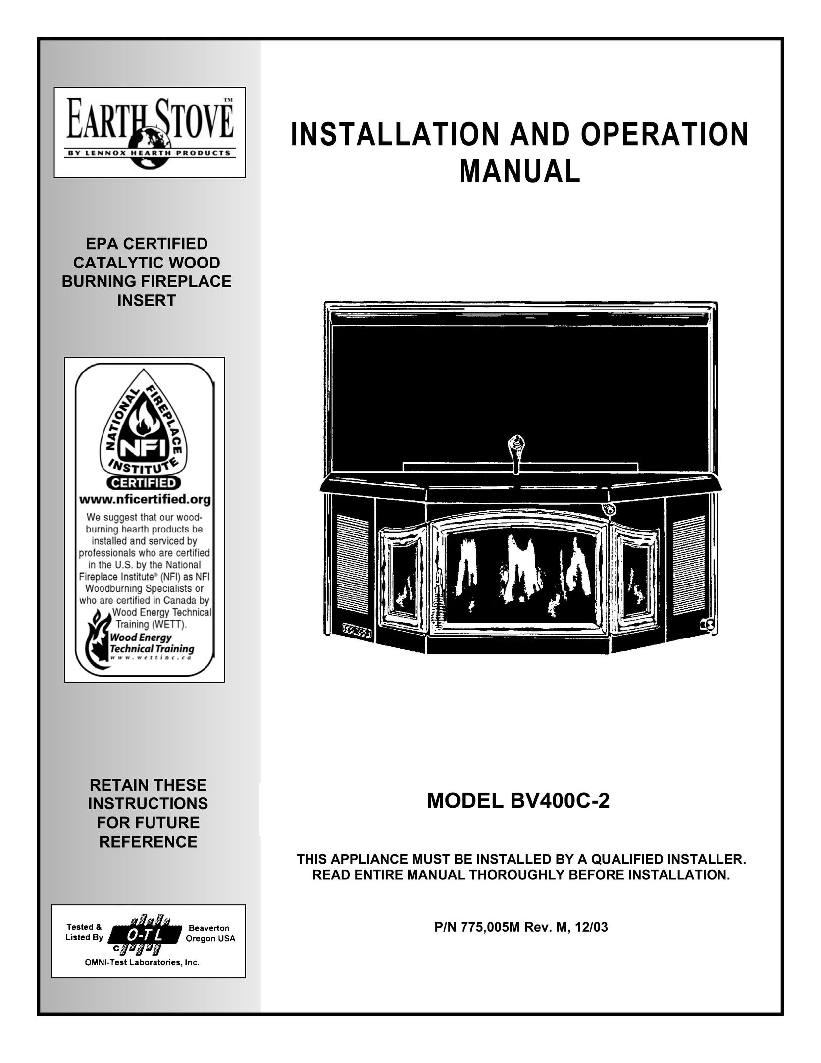 EarthStone BV400C-2 Indoor Fireplace User Manual