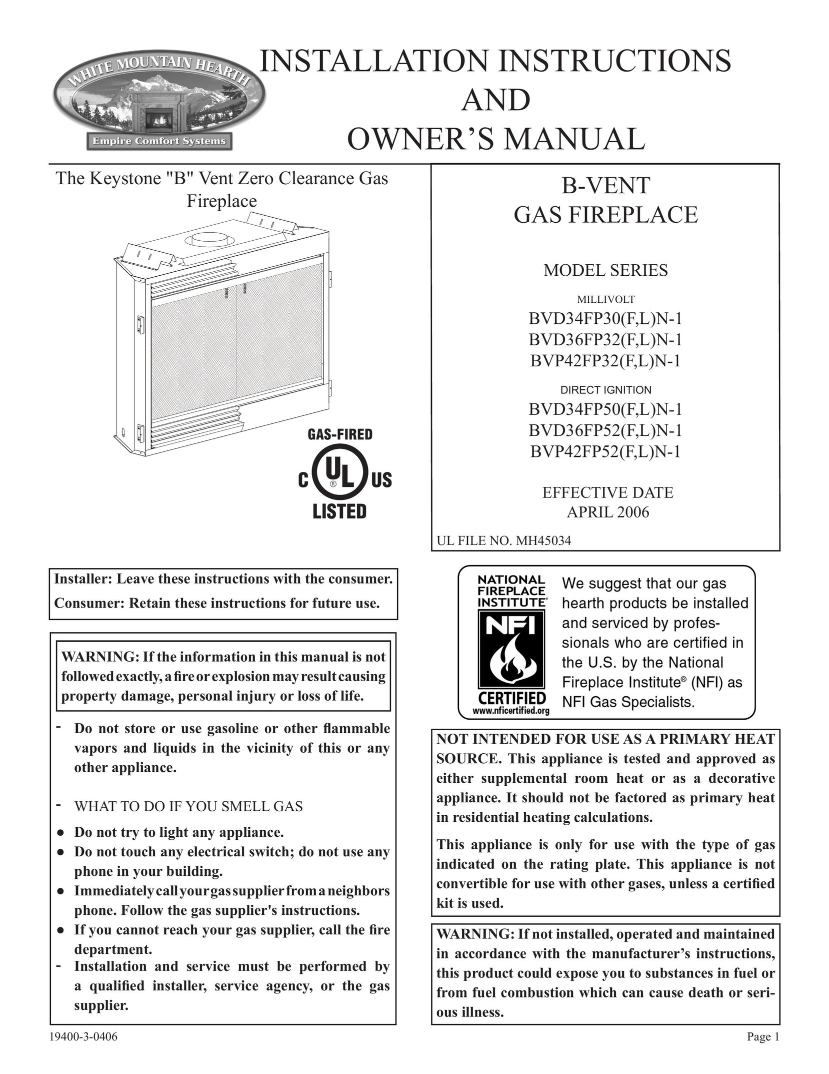 Empire Comfort Systems BVD34FP30 Indoor Fireplace User Manual