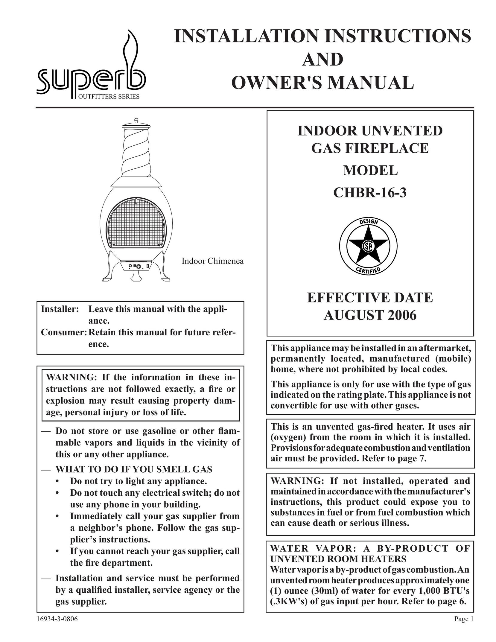 Empire Comfort Systems CHBR-16-3 Indoor Fireplace User Manual