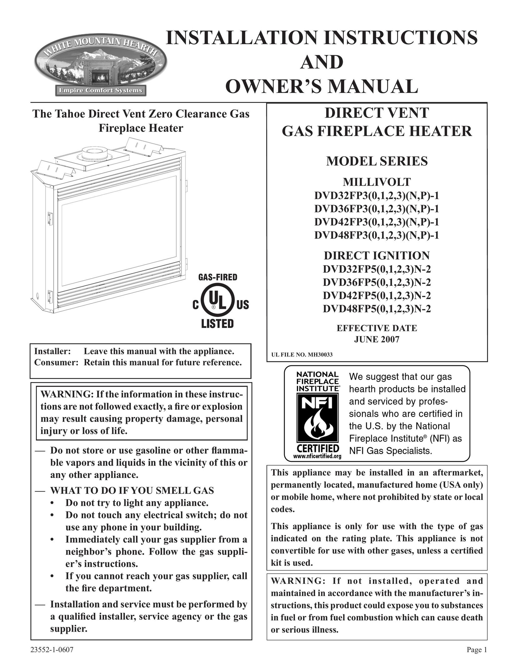 Empire Comfort Systems DVD36FP3 Indoor Fireplace User Manual