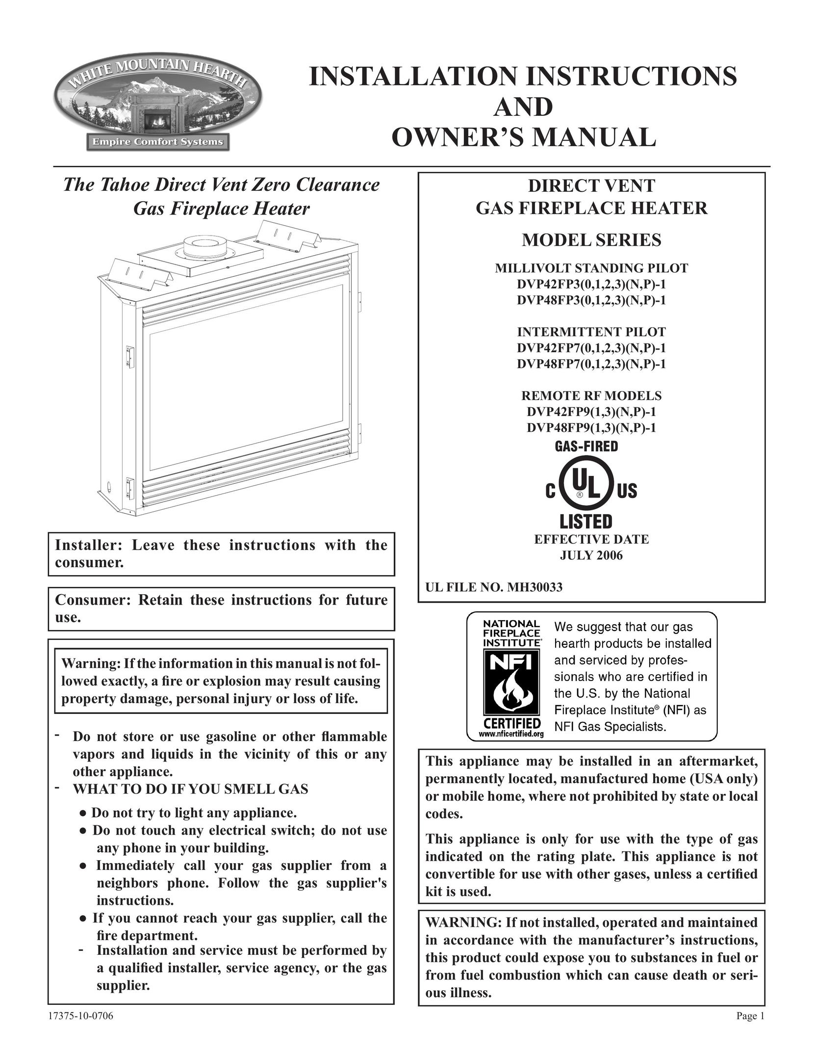 Empire Comfort Systems DVP42FP7(0,1,2,3)(N,P)-1 Indoor Fireplace User Manual