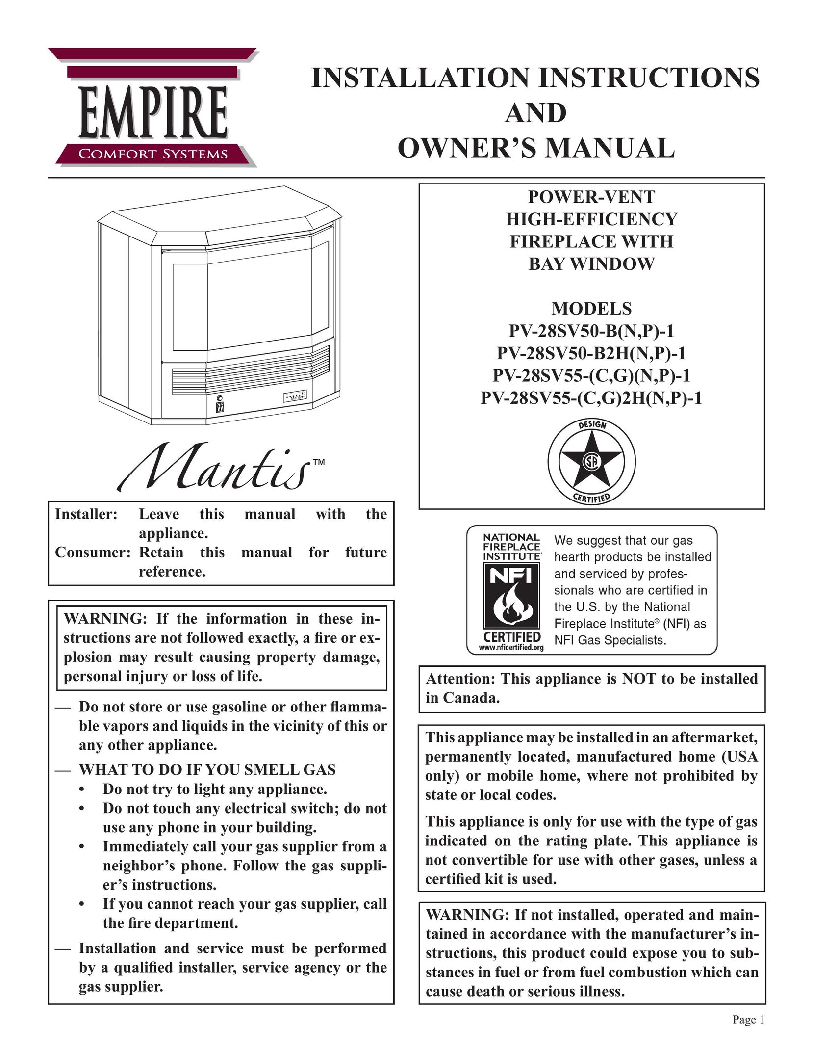 Empire Comfort Systems PV-28SV50-B(N,P)-1 Indoor Fireplace User Manual