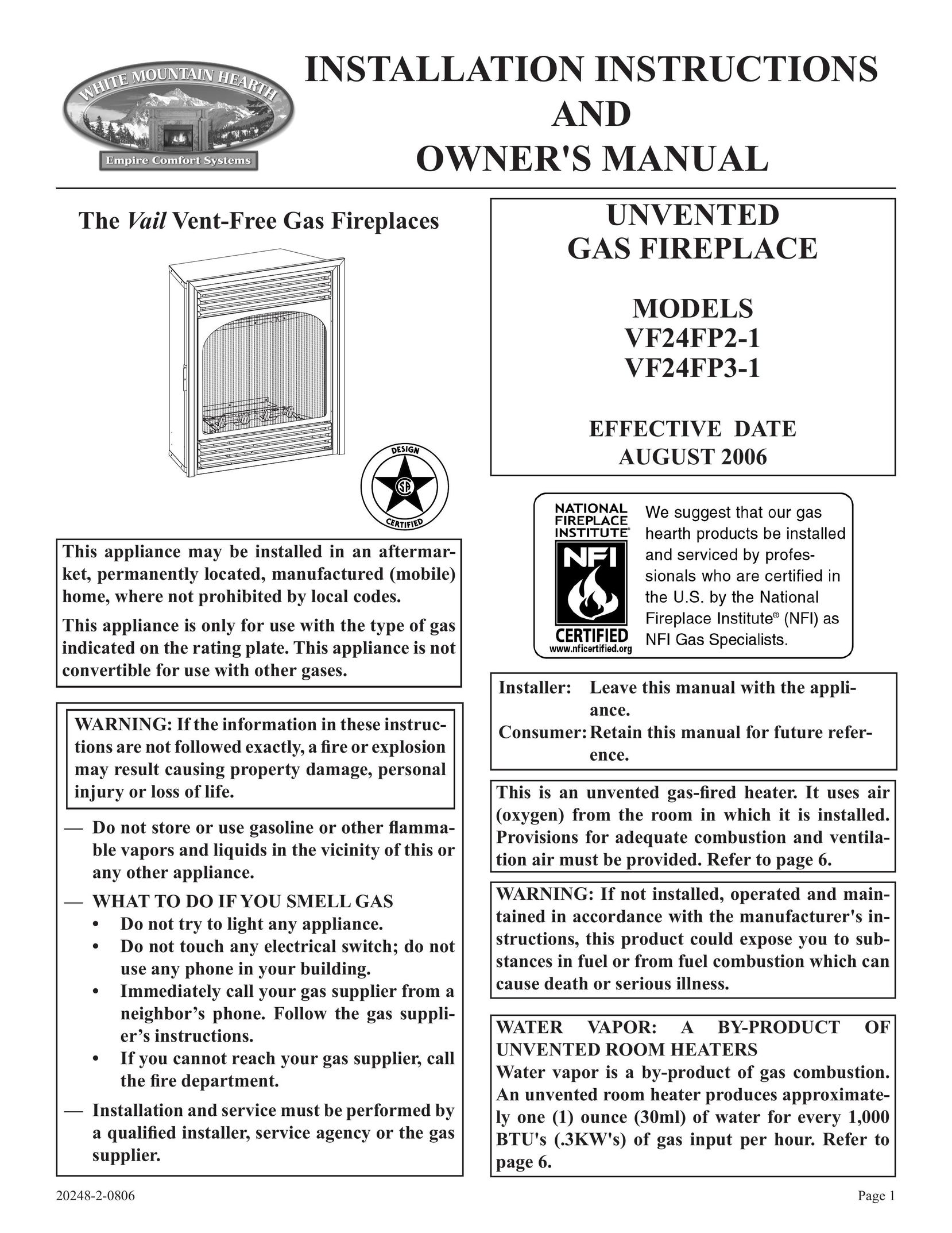 Empire Comfort Systems VF24FP2-1 Indoor Fireplace User Manual