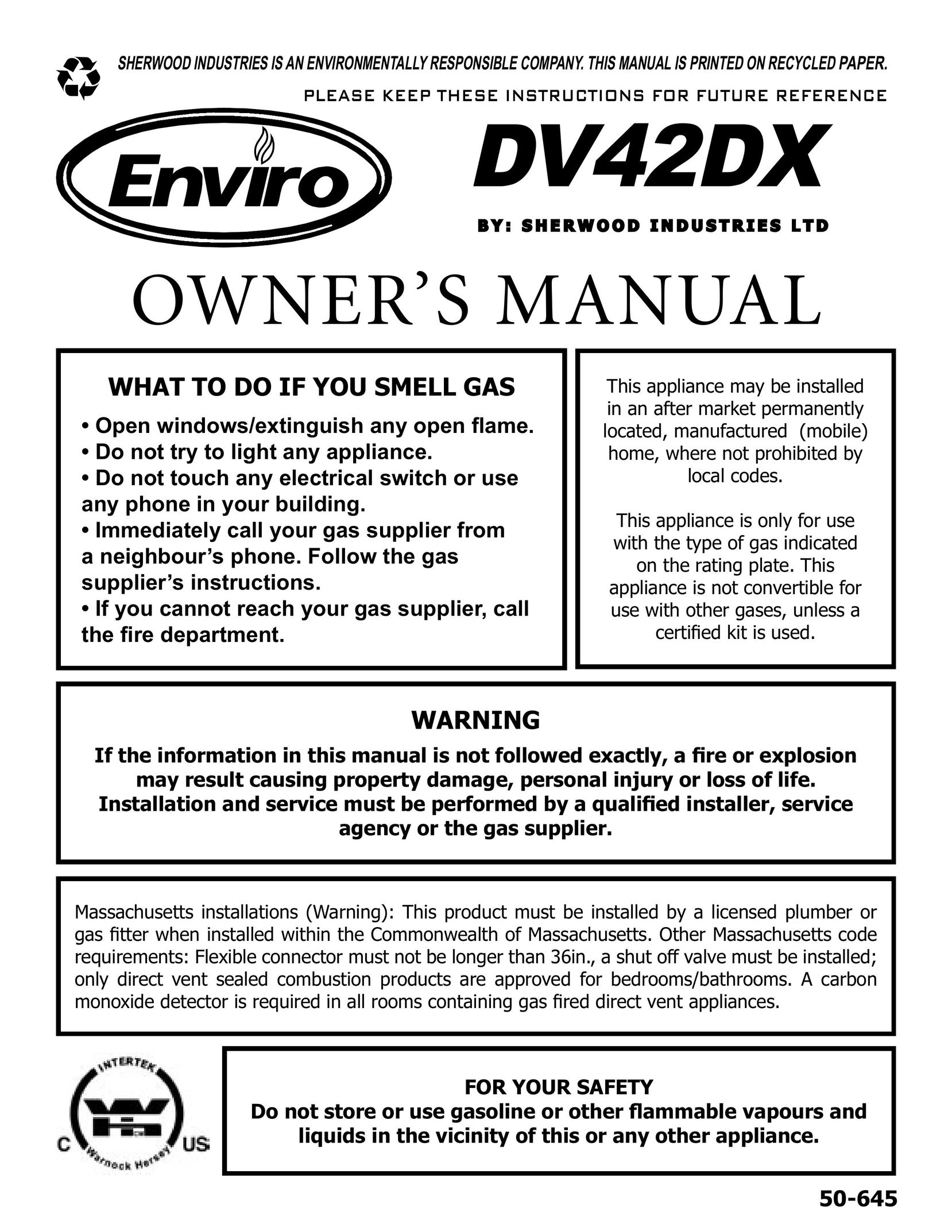 Enviro DV42DX Indoor Fireplace User Manual