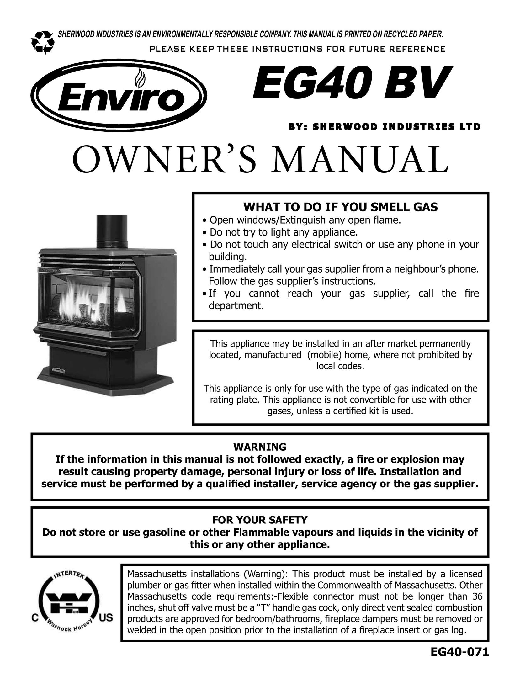 Enviro EG40 BV Indoor Fireplace User Manual