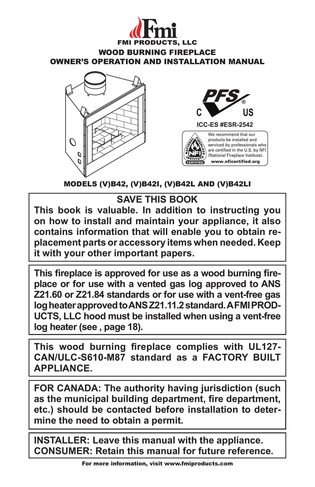 FMI (V)B42L Indoor Fireplace User Manual