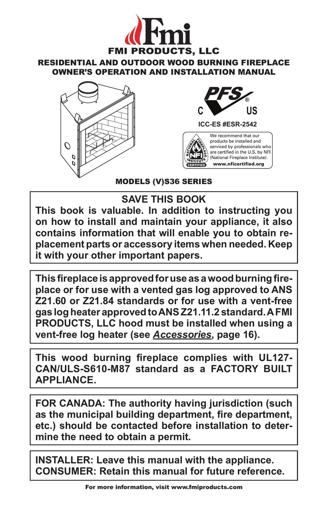 FMI (V)S36 Indoor Fireplace User Manual